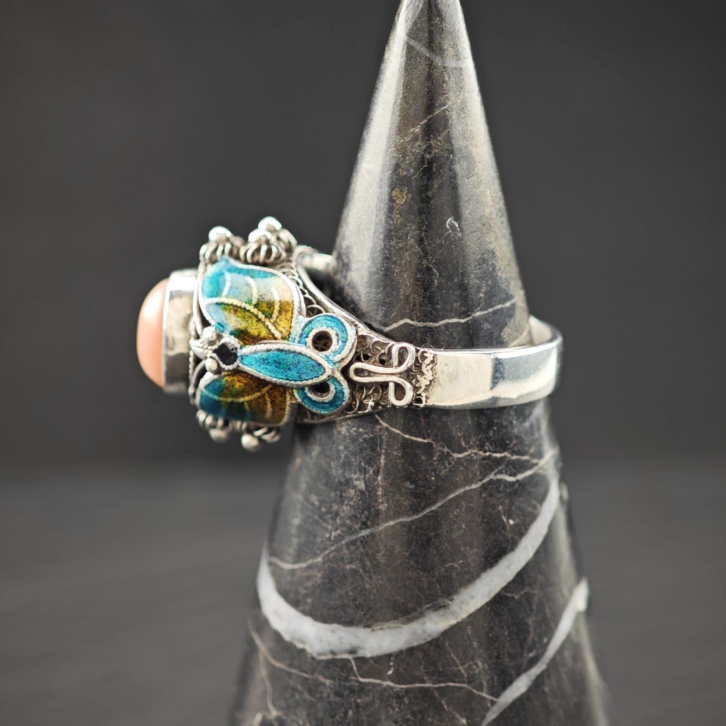 Chinese Export Enamel Butterfly Ring Sterling Silver Size 6