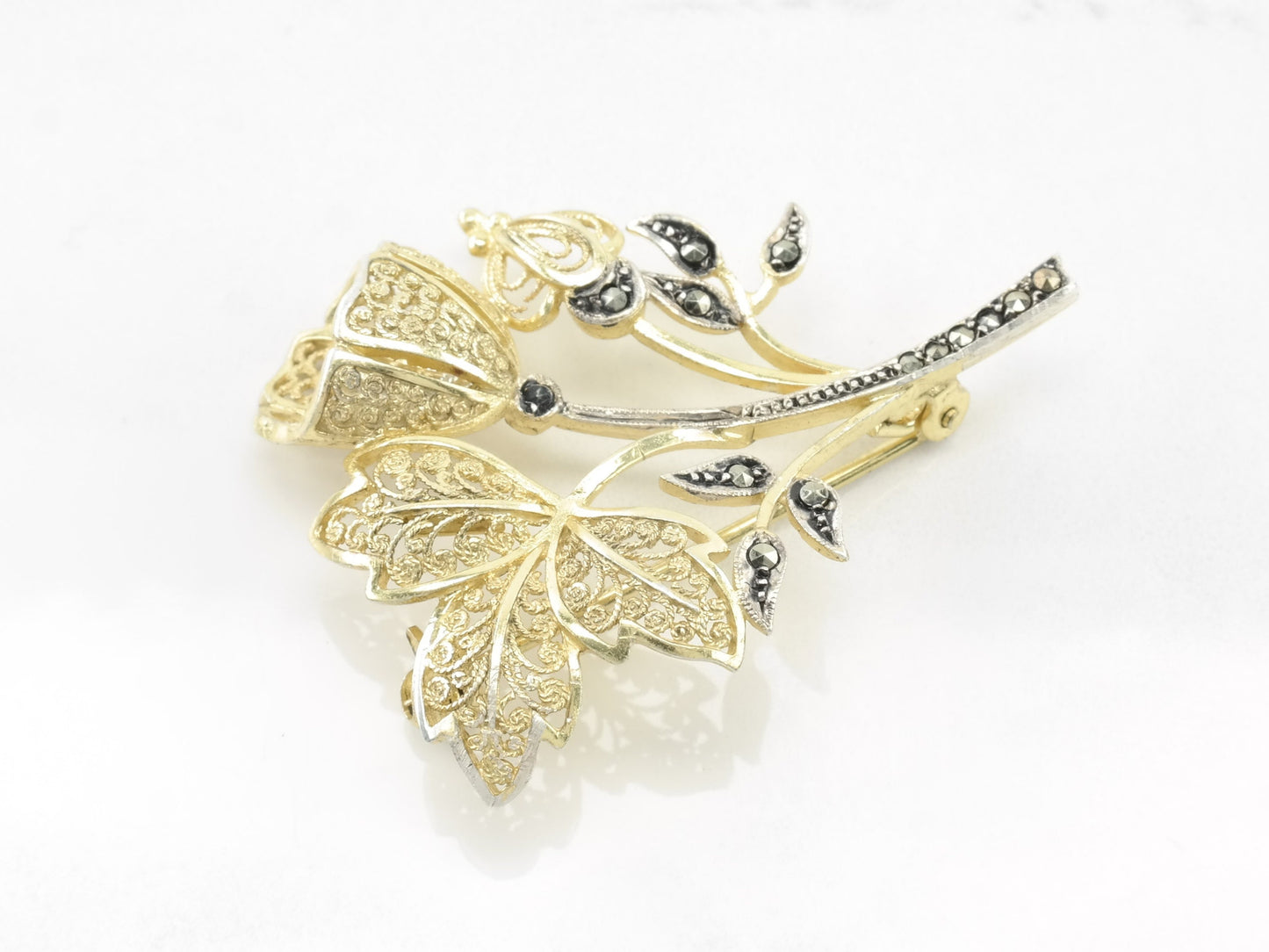 Sterling Silver Vintage Flower Brooch Marcasite Gold Hue