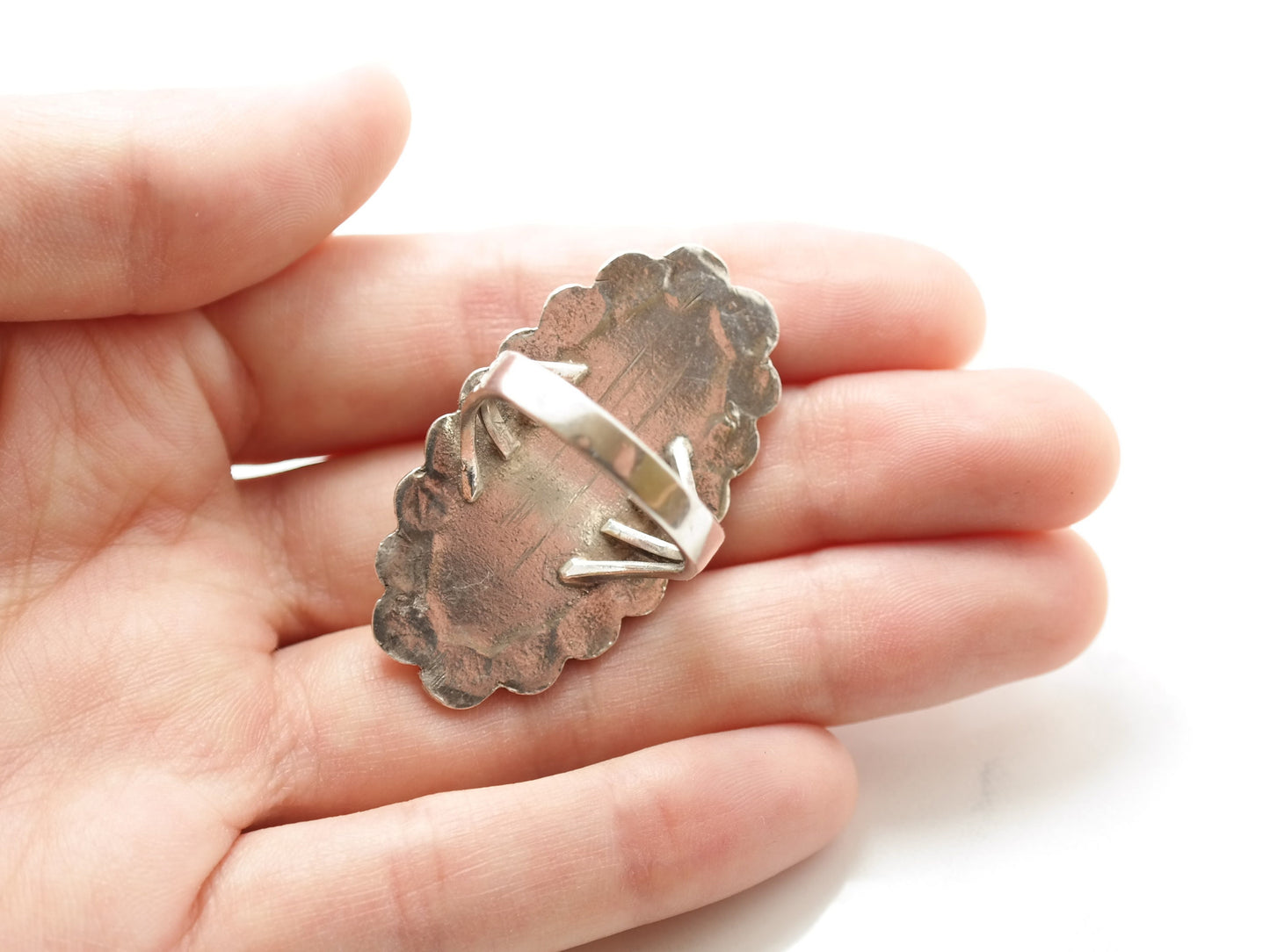 Vintage Native American Agate Ring Sterling Silver Scallop Size 8 1/4