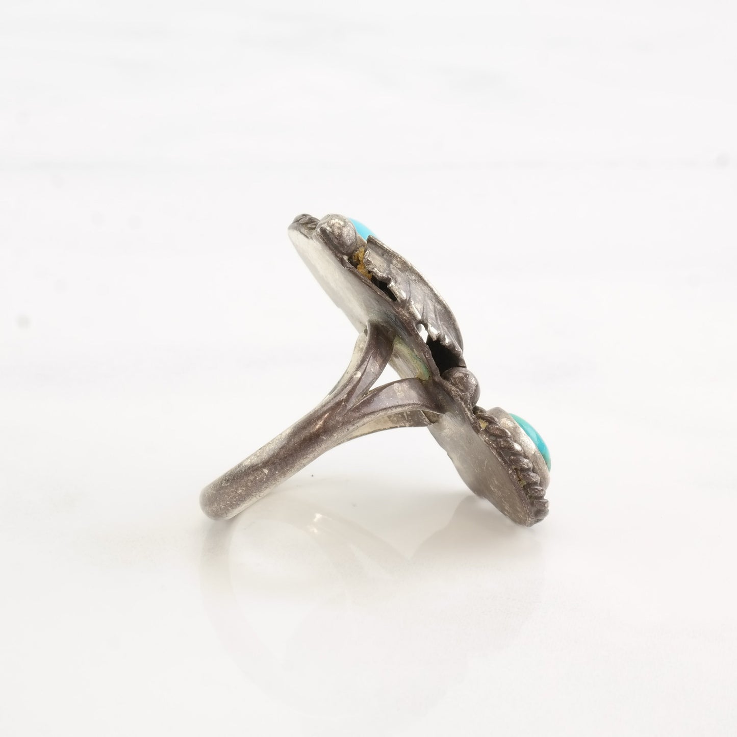 Vintage Native American Silver Ring Turquoise Leaf Double Stone Sterling Size 7 1/2