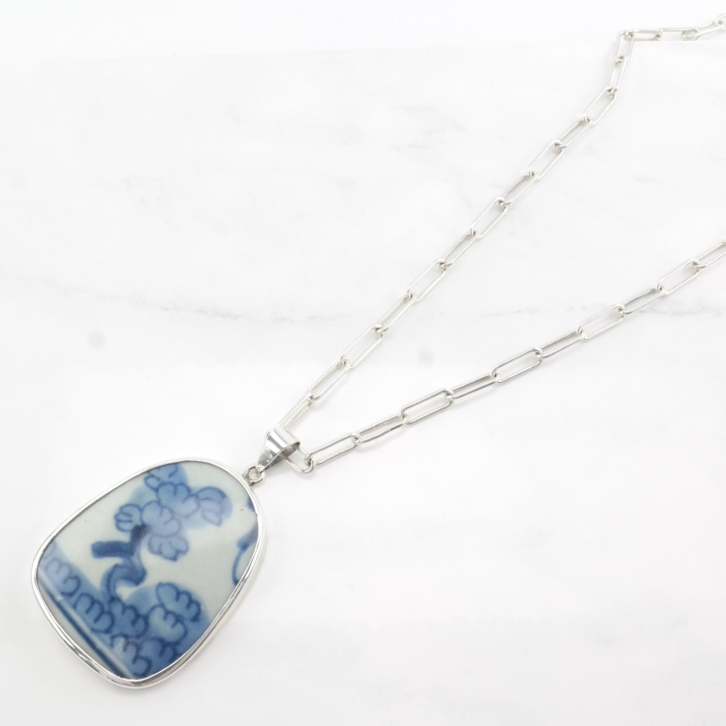 Vintage Chinese Sterling Silver Blue, White Painted Porcelain Trees Necklace