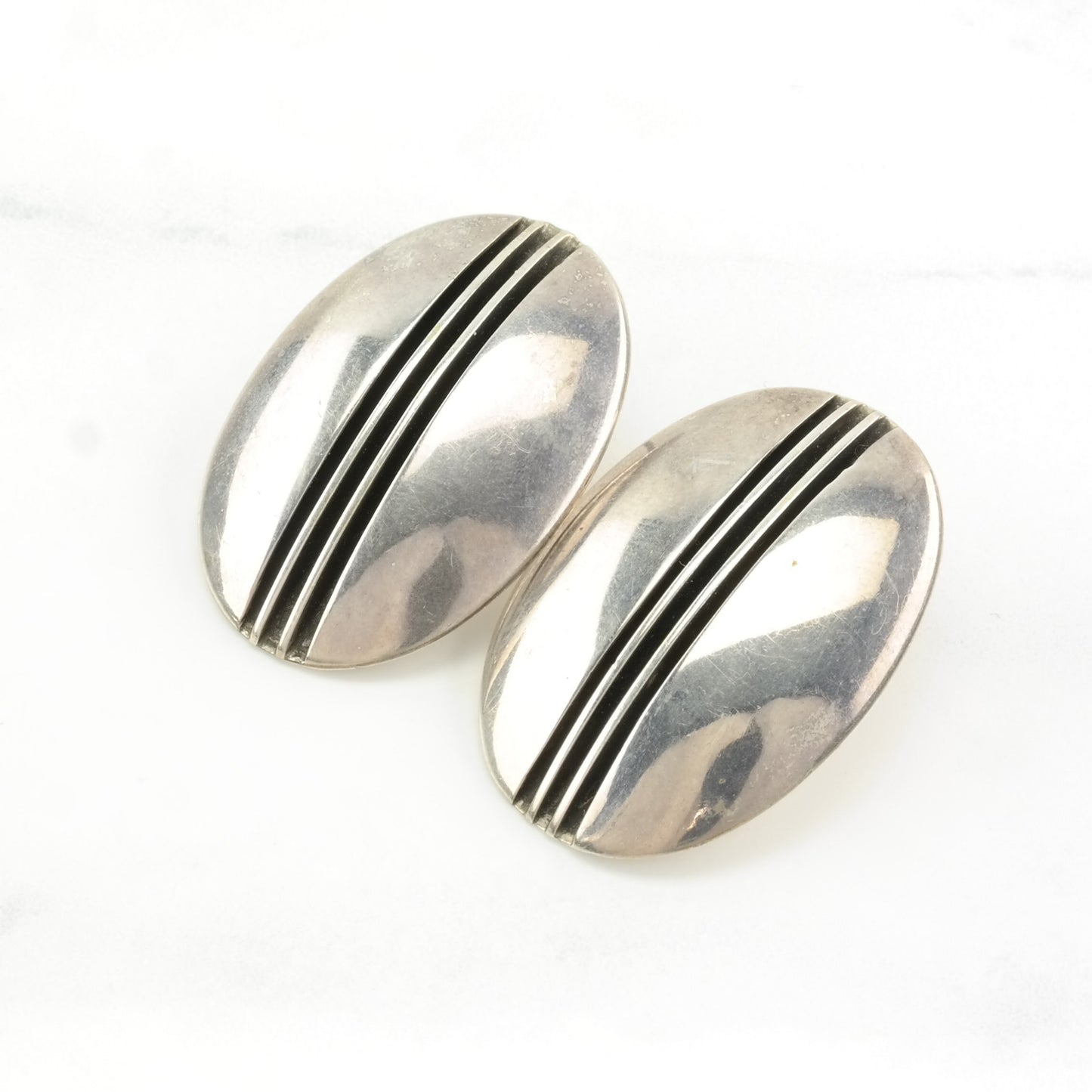 Vintage Stud Earrings Sterling Silver Oval Hollow Incise