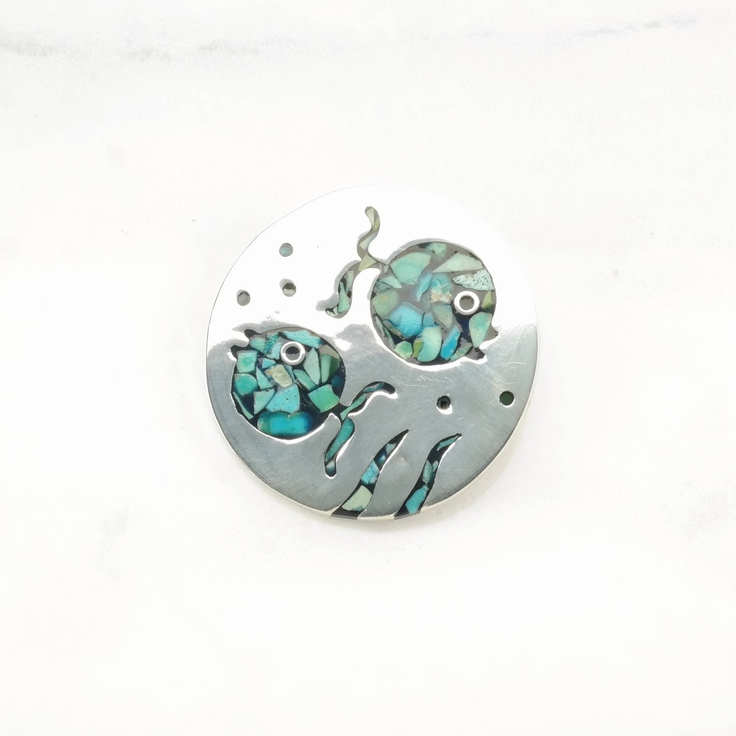 Taxco Sterling Silver Brooch Pendant Fish Turquoise Inlay B1816