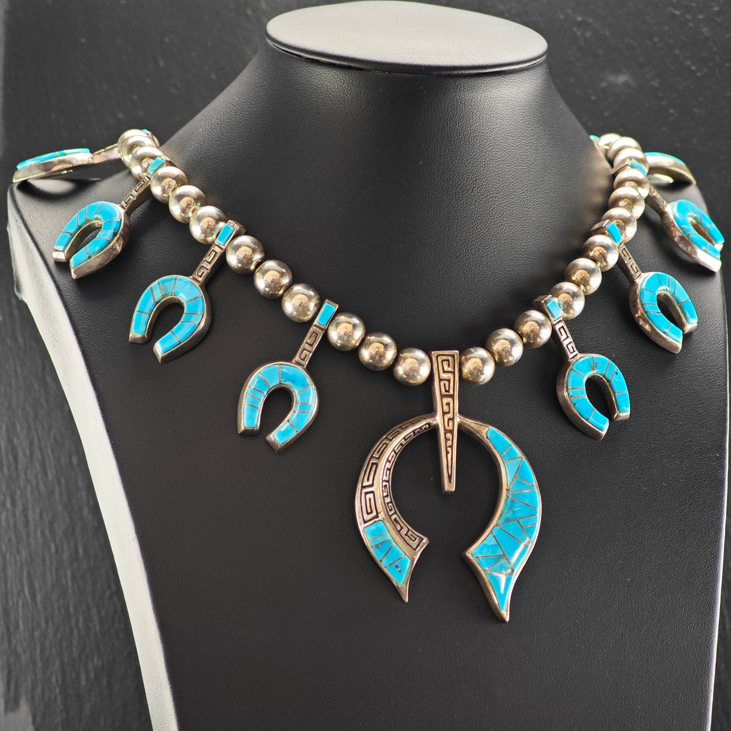 Native American Turquoise Inlay Sterling Silver Squash Blossom N2683