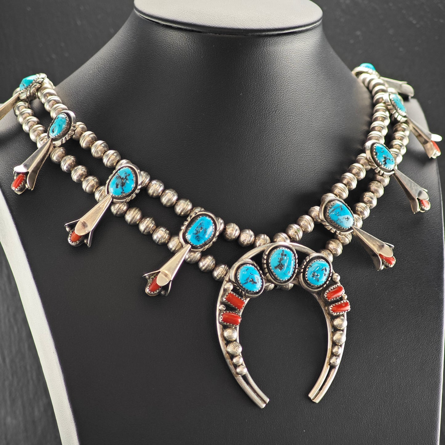 Native American Turquoise & Coral Sterling Silver Squash Blossom N2684