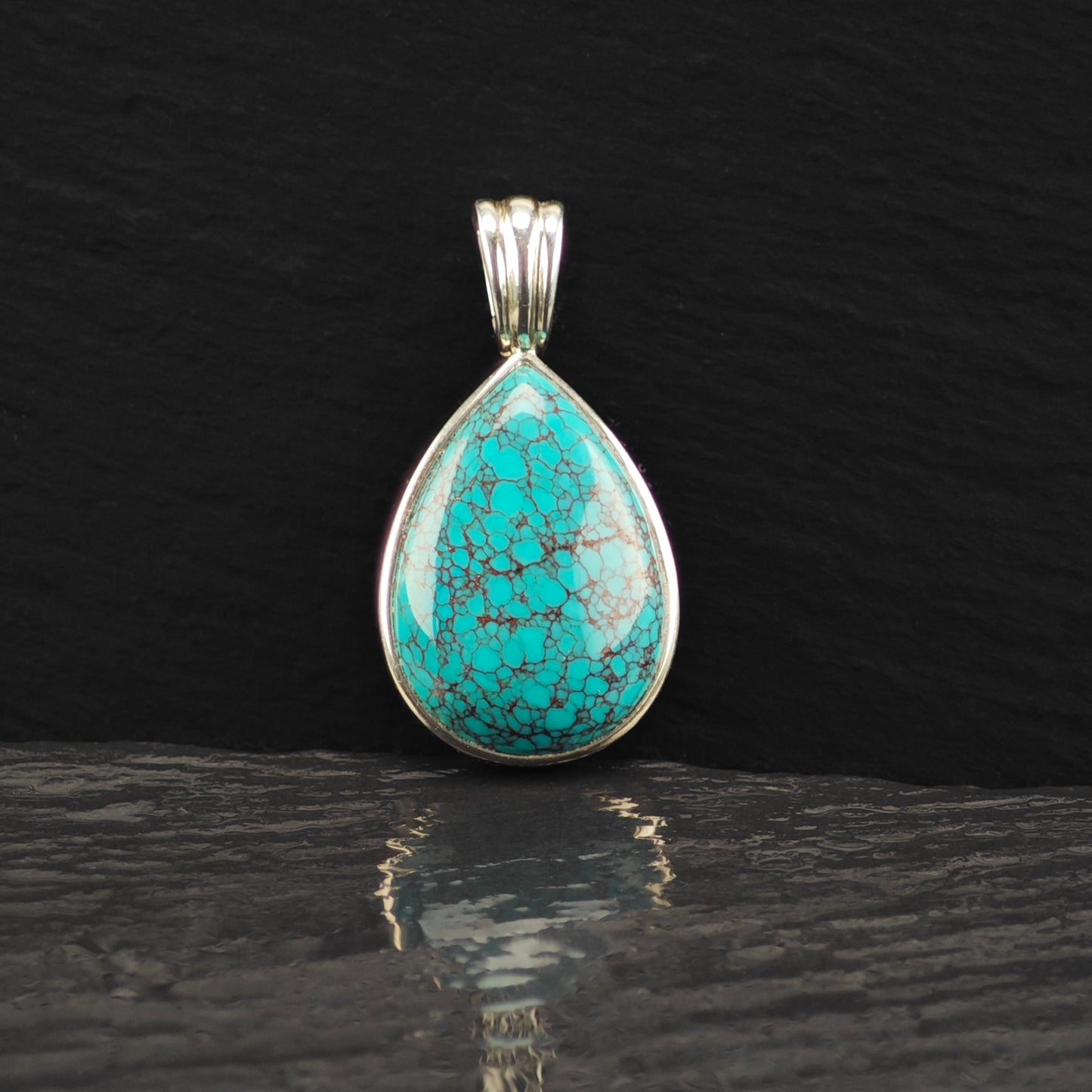 WK Spiderweb Turquoise Teardrop Pendant Sterling Silver P2859