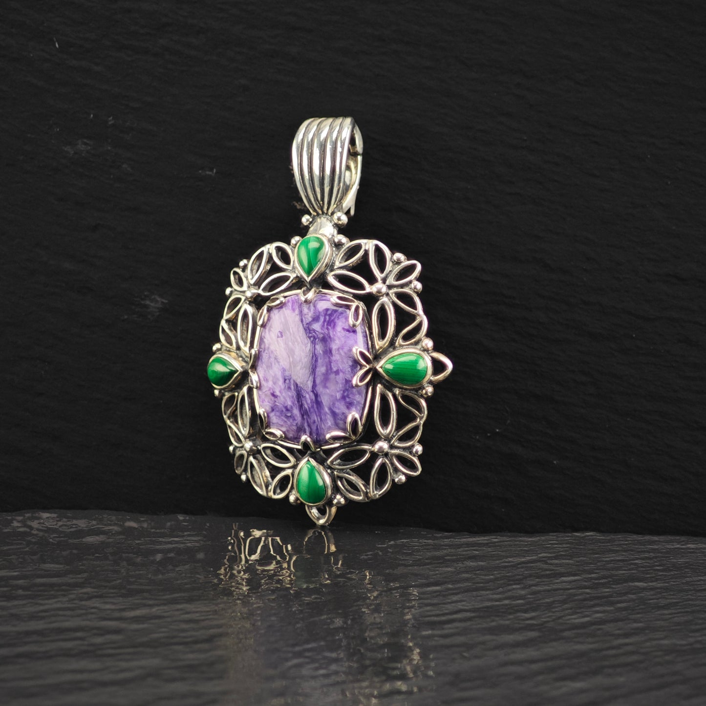 Carolyn Pollack Charoite, Malachite Pendant Sterling Silver P2866