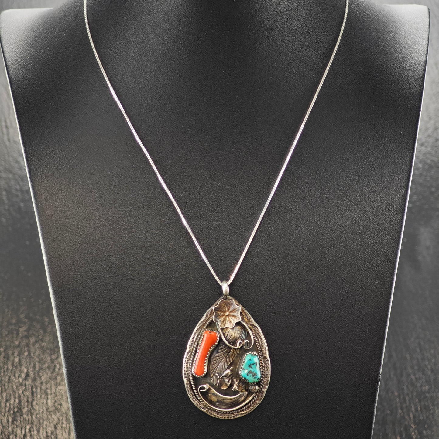 Native American Turquoise, Coral Floral Pendant Sterling Silver P2881