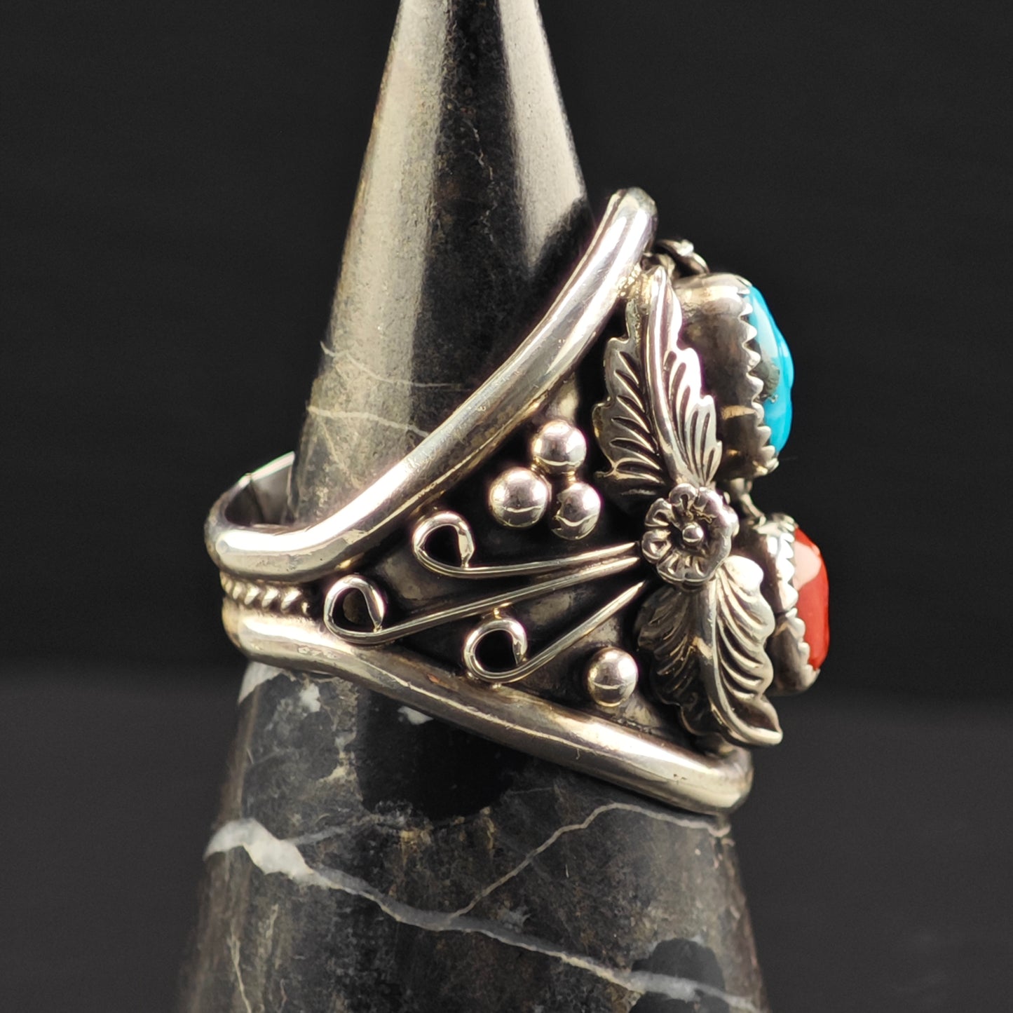 Native American Turquoise, Coral Ring Sterling Silver Sz 10 R6343