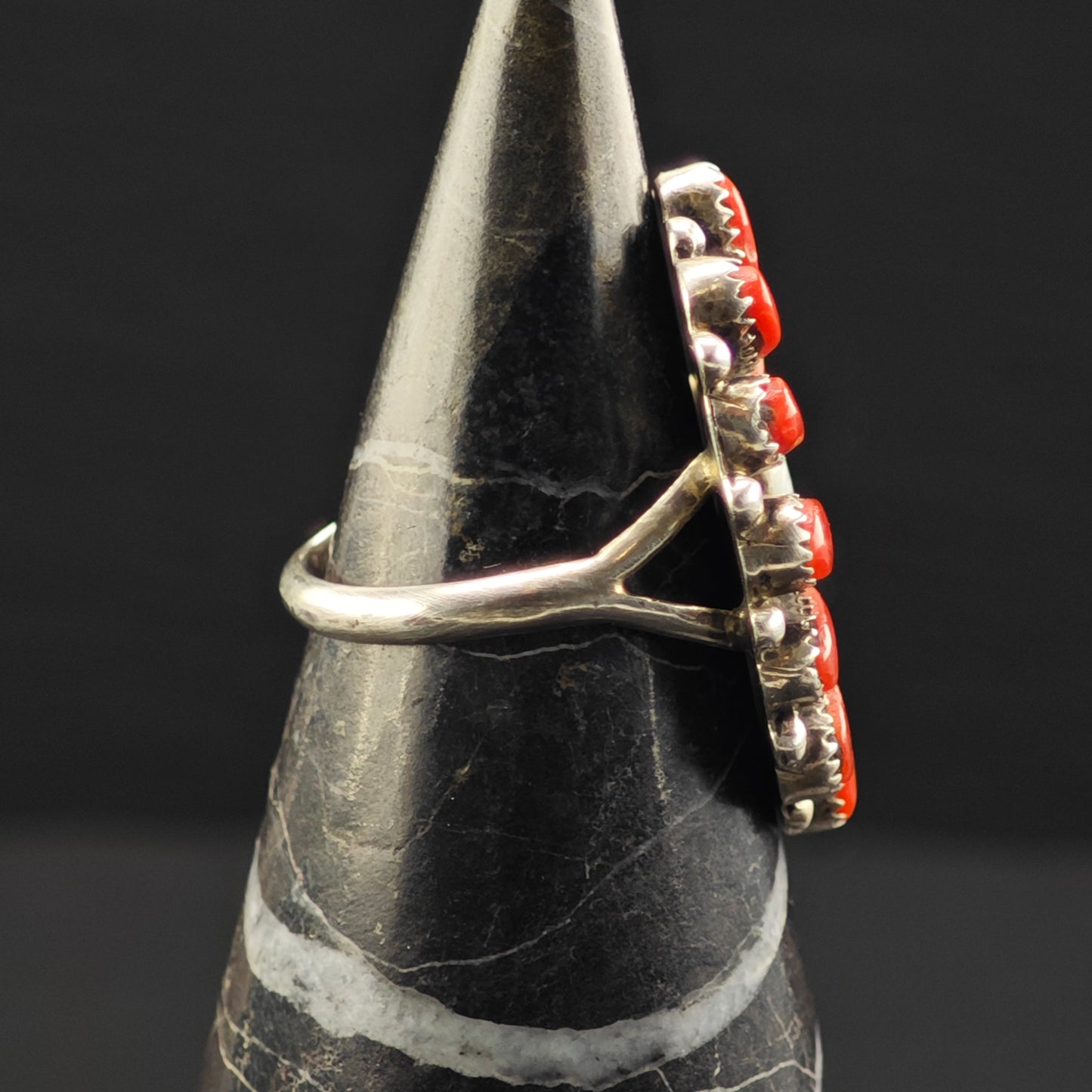 Native American Coral Cluster Ring Sterling Silver Sz 7 R6394