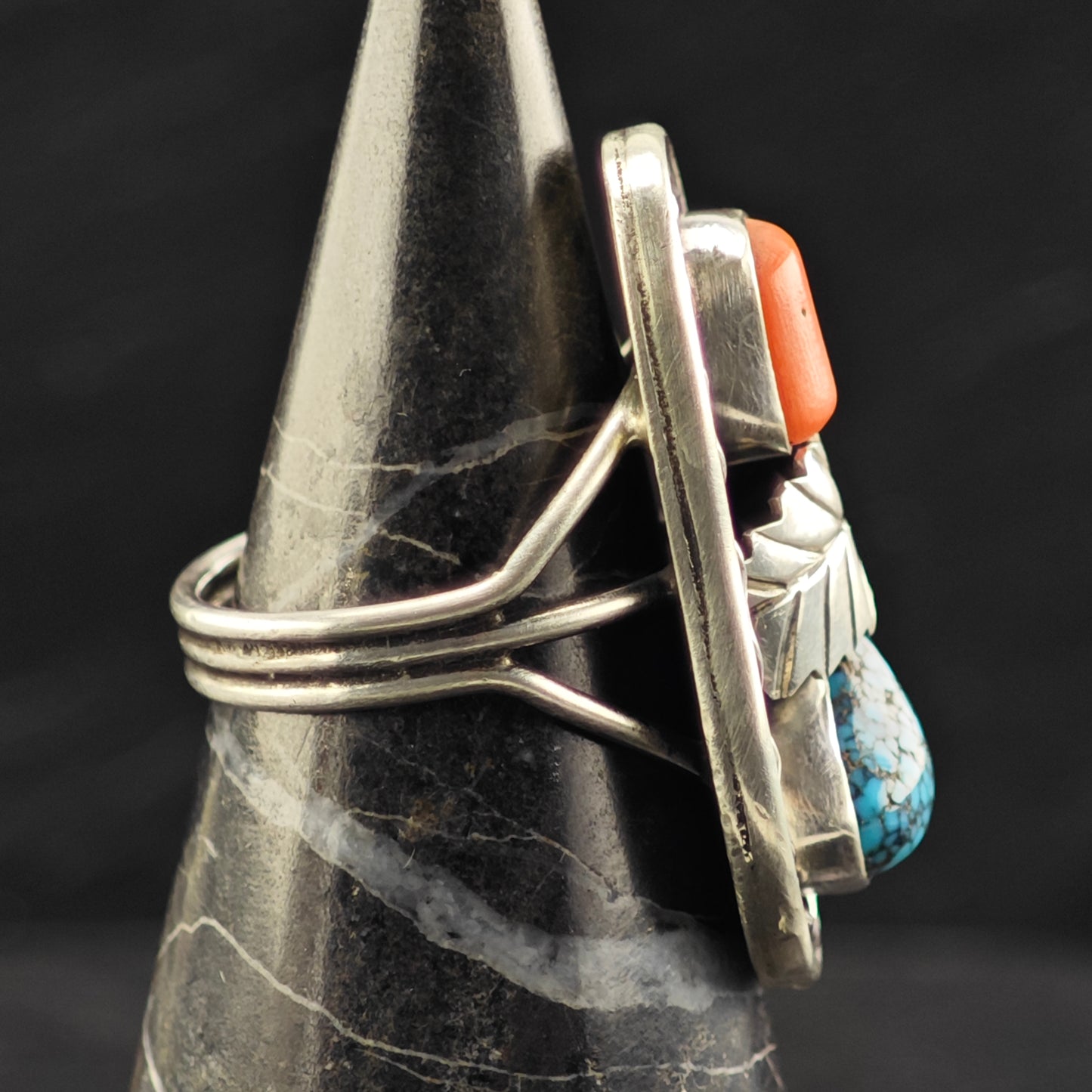 High Grade Turquoise Native American Coral Ring Sterling Silver Sz 7 1/2 R6432