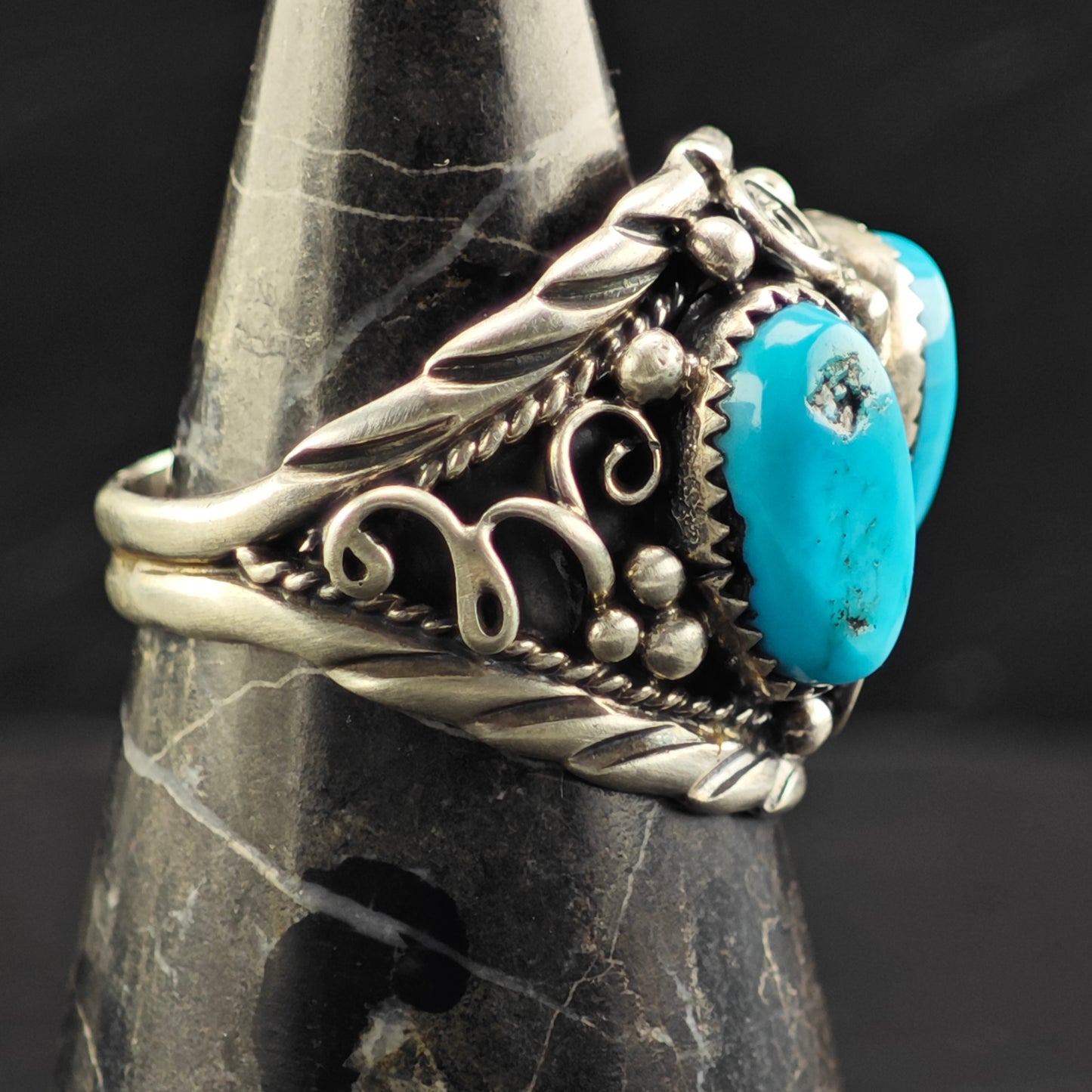 Native American Double Turquoise Ring Sterling Silver Sz 12 1/2 R6437