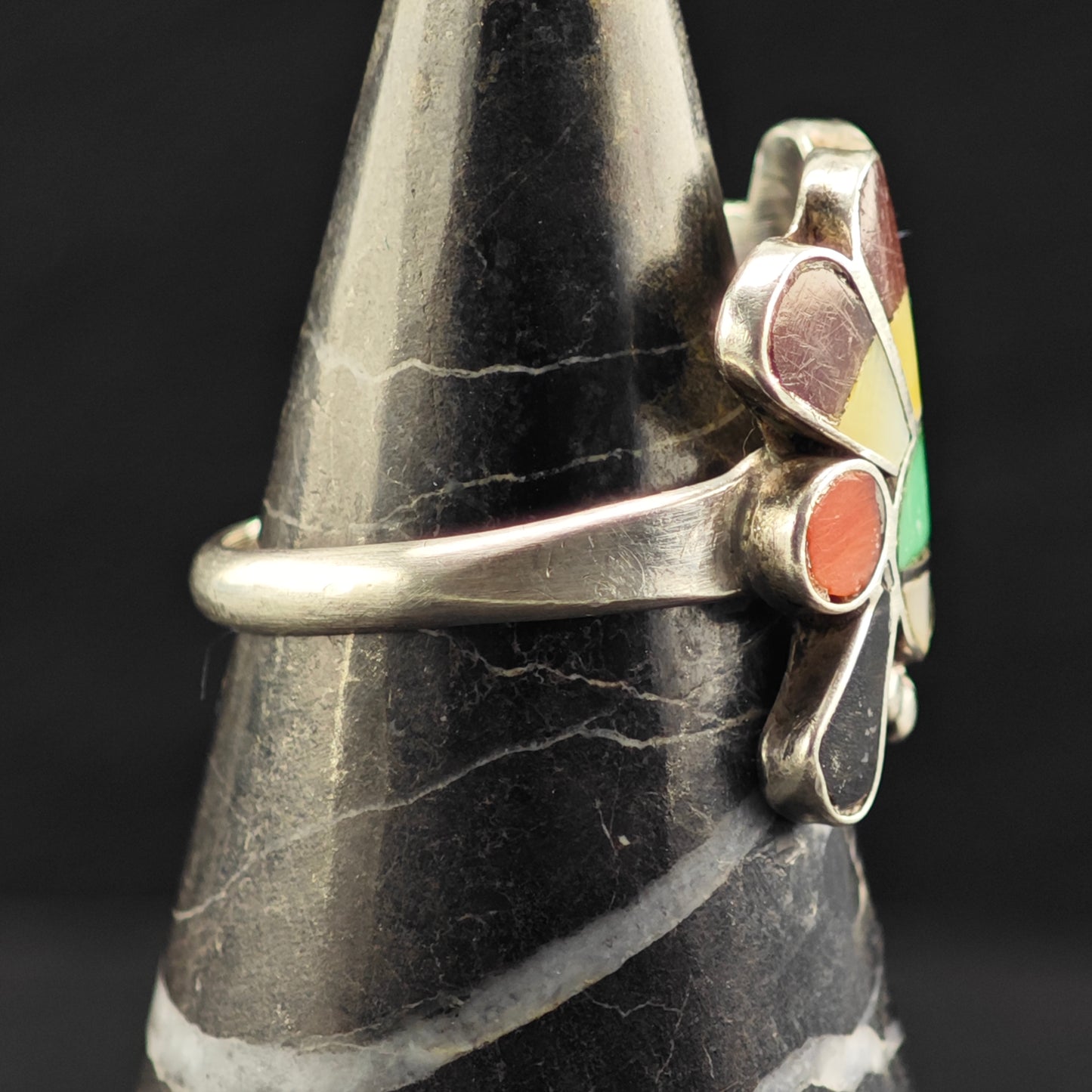 Signed Zuni Sunface Inlay Ring Sterling Silver Sz 7 R6455