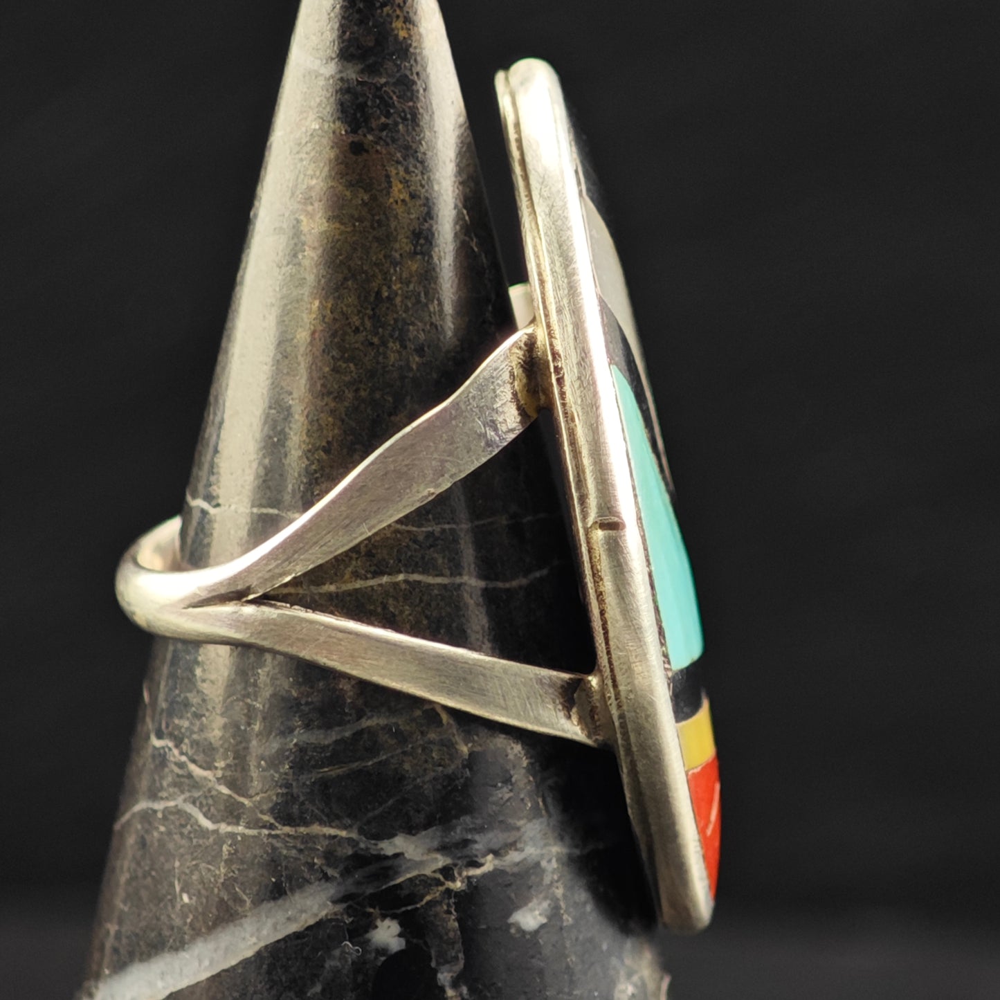 Signed Zuni Marquis Inlay Ring Sterling Silver Sz 5 R6469
