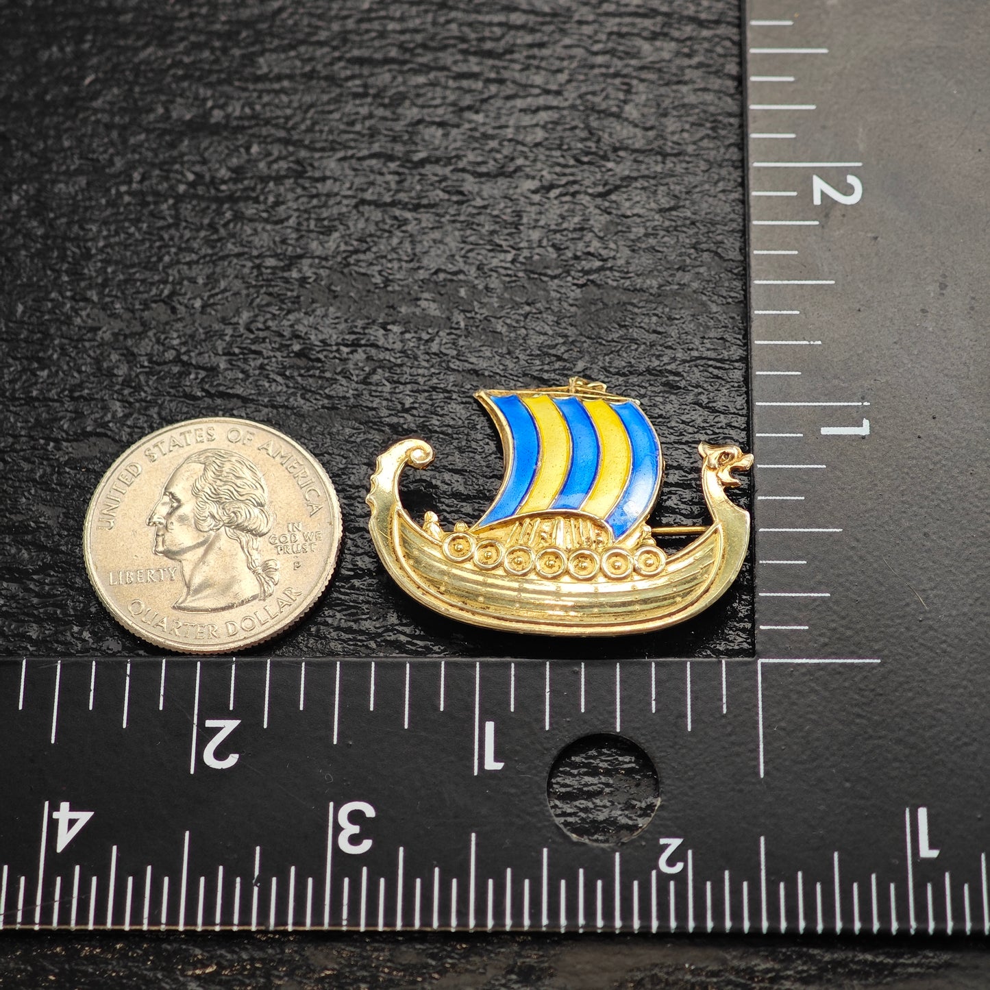 AS IS, Norwegian Viking Ship, Enamel Sterling Silver Brooch B2213