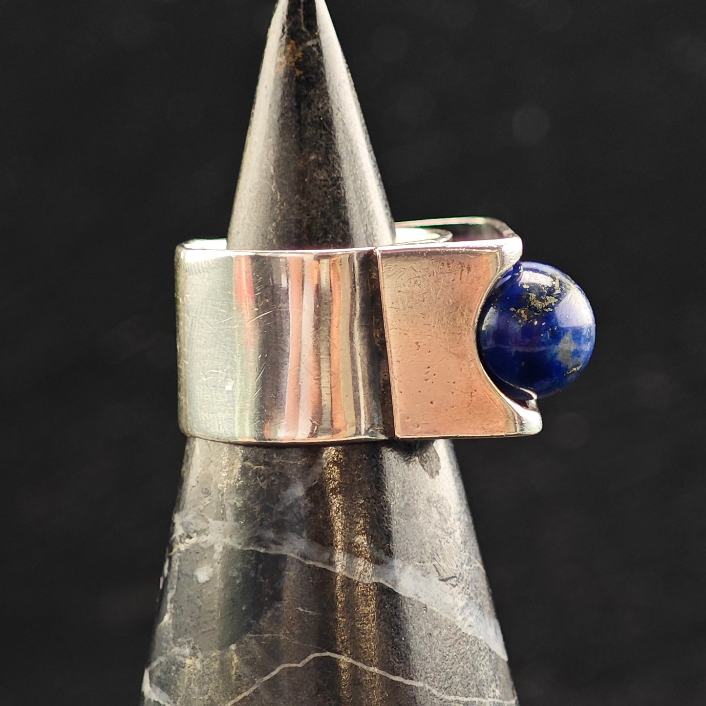 Abstract Lapis Planet and Stars Sterling Silver Ring Sz 5 R6473