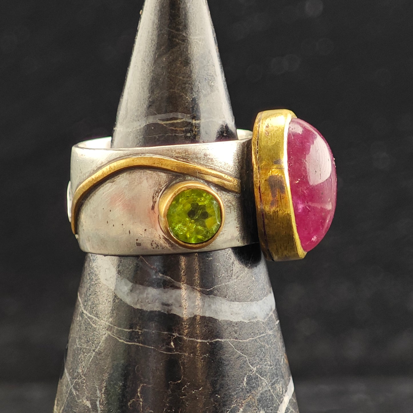 Pink Tourmaline, Peridot Roman Style Gold Filled Accent Sterling Silver Ring Sz 9 3/4 R6487