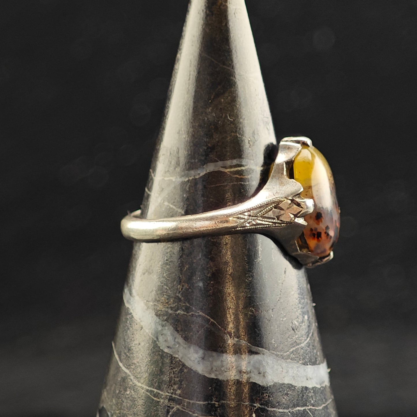Art Nouveau Dendritic Agate Sterling Silver Ring Sz 6 1/2 R6523
