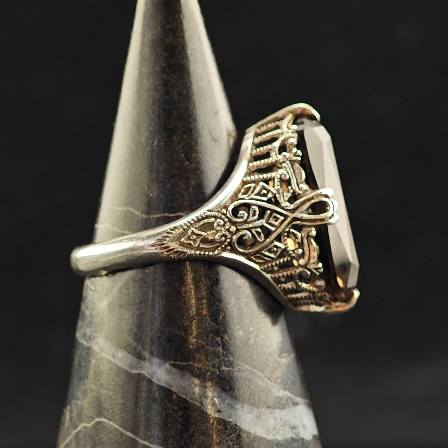 Art Deco Style Smoky Quartz Filigree Sterling Silver Ring Sz 6 R6533