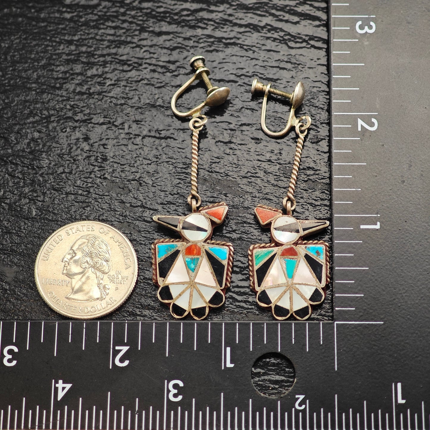 Zuni Native American Thunderbird Inlay, Sterling Silver Screw Back/Dangle Earrings ER3087