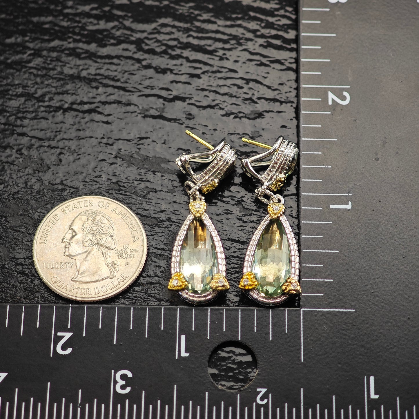 Judith Ripka JR Two Collection Prasiolite Diamond 18K Gold Post Sterling Silver Omega Back/Dangle Earrings ER3105