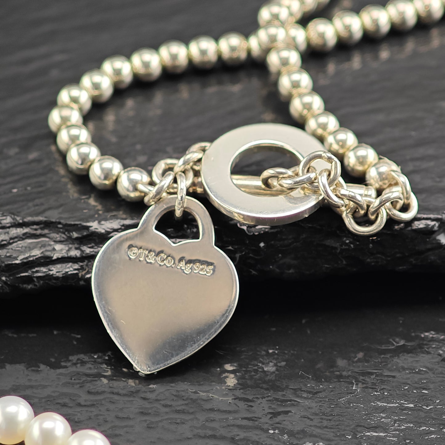 Vintage Tiffany Pearl & Diamond Heart Tag Wrap, Sterling Silver Beaded Necklace N2712