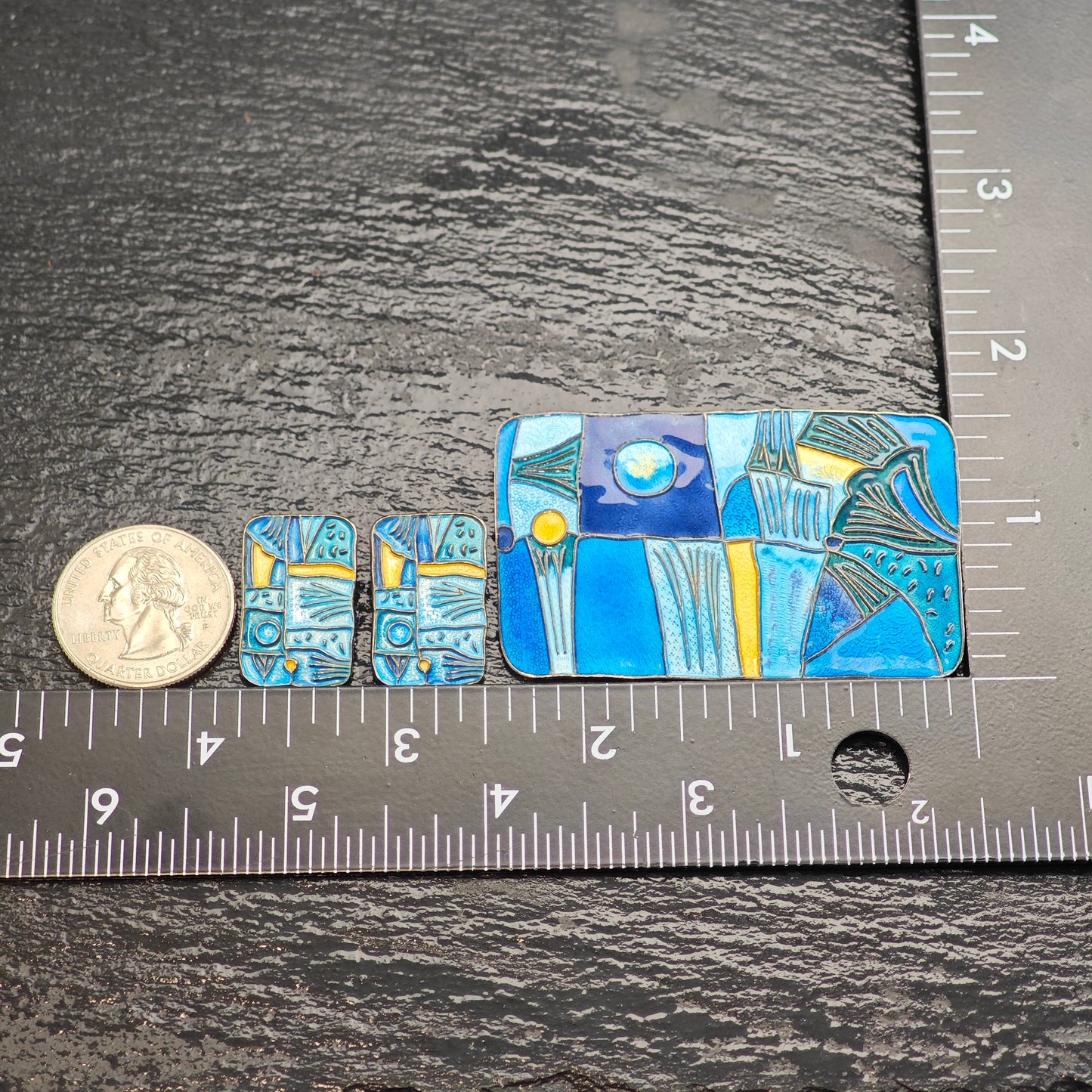 Set of Enamel Abstract, Modernist David Anderson Norway Brooch and Clip-On Earrings Sterling Silver MISC0378