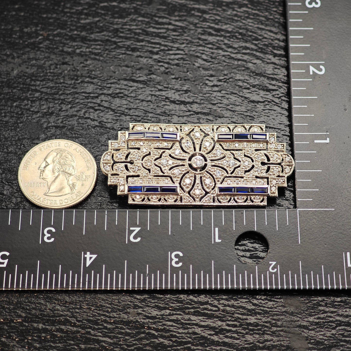 Art Deco Style Lab Sapphire CZ Brooch/Pendant, Sterling Silver P3010