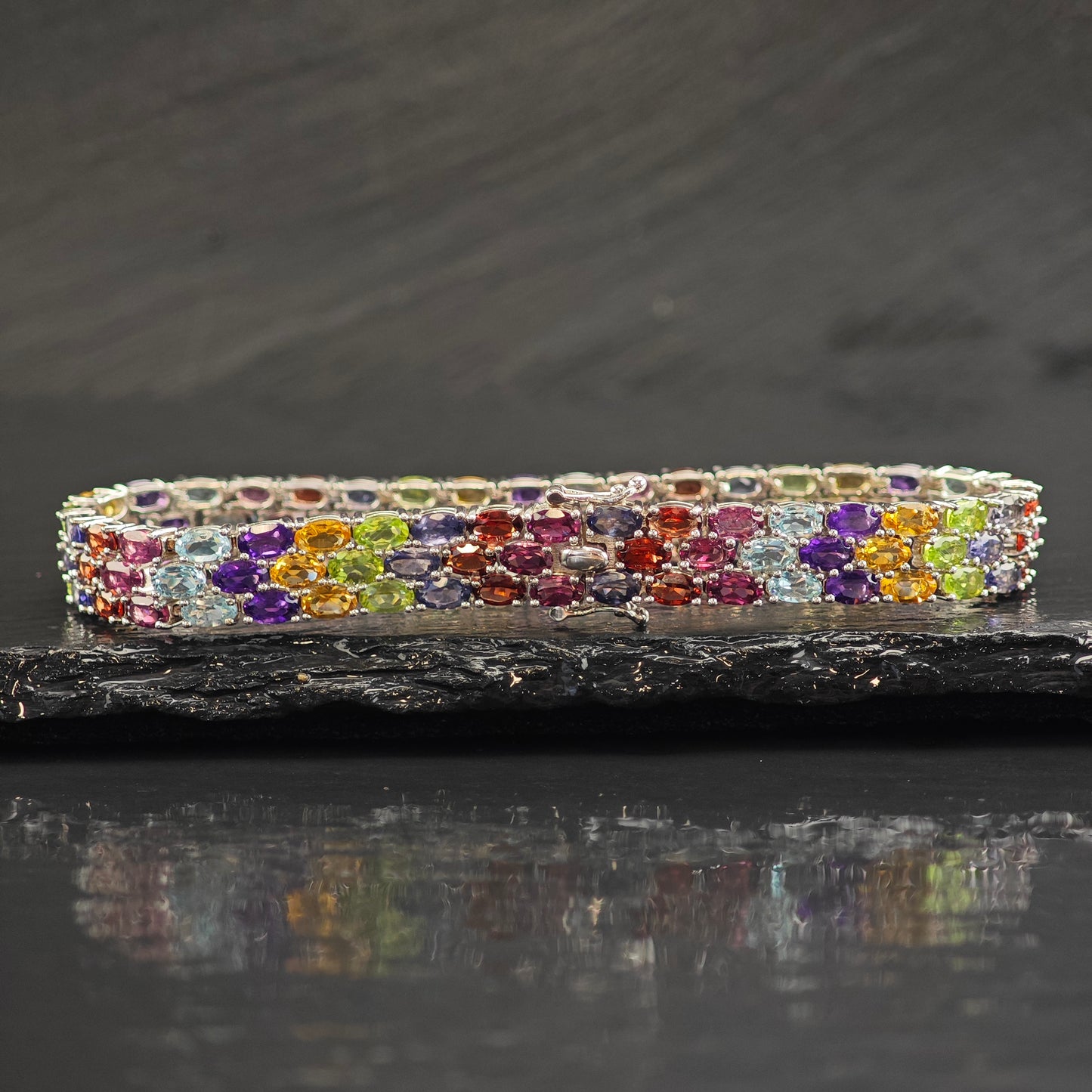 Multi Gemstone Sterling Silver Bracelet 7 1/2" BR3093Gra