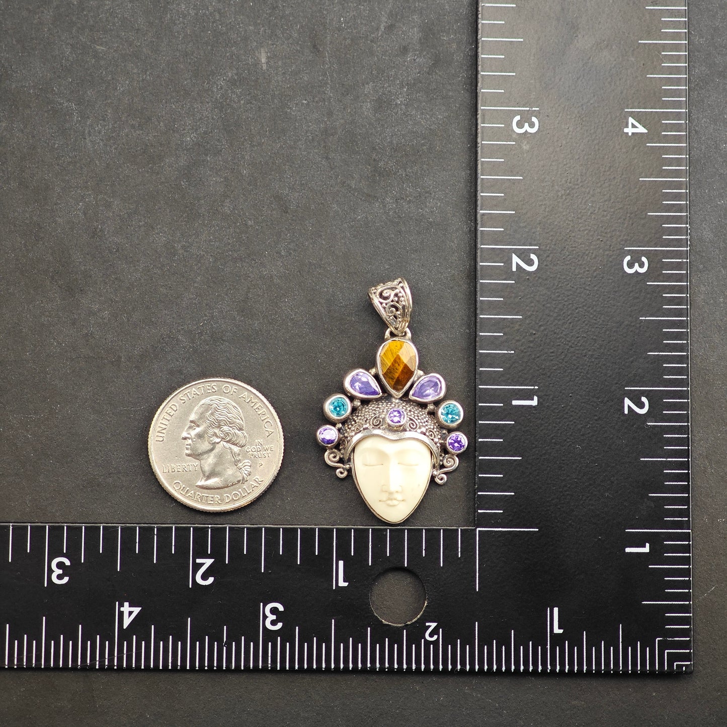Bali Goddess, Moonface Multi-stone Pendant, Sterling Silver P2987
