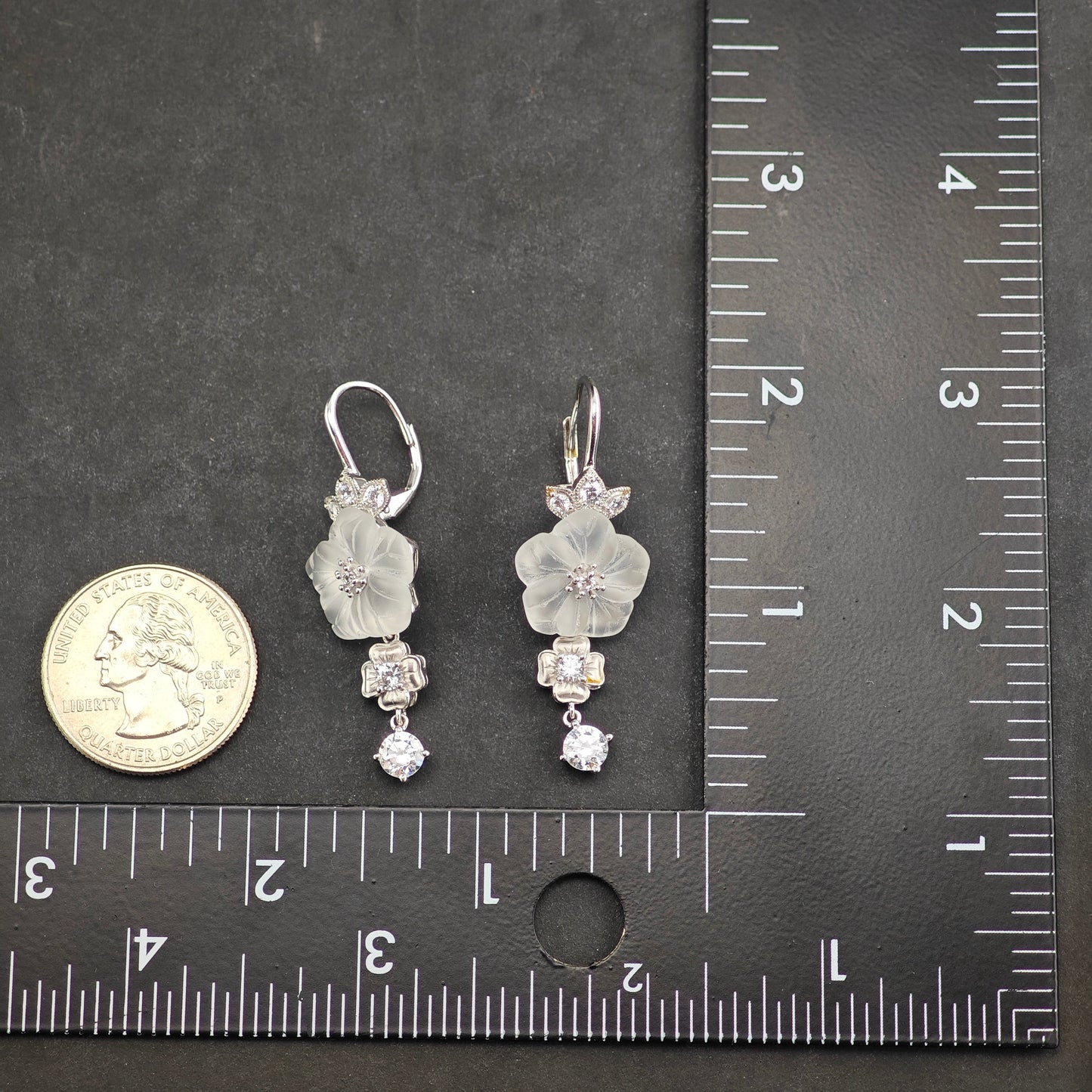 Carved Flower CZ Sterling Silver Leverback/Dangle Earrings ER3018
