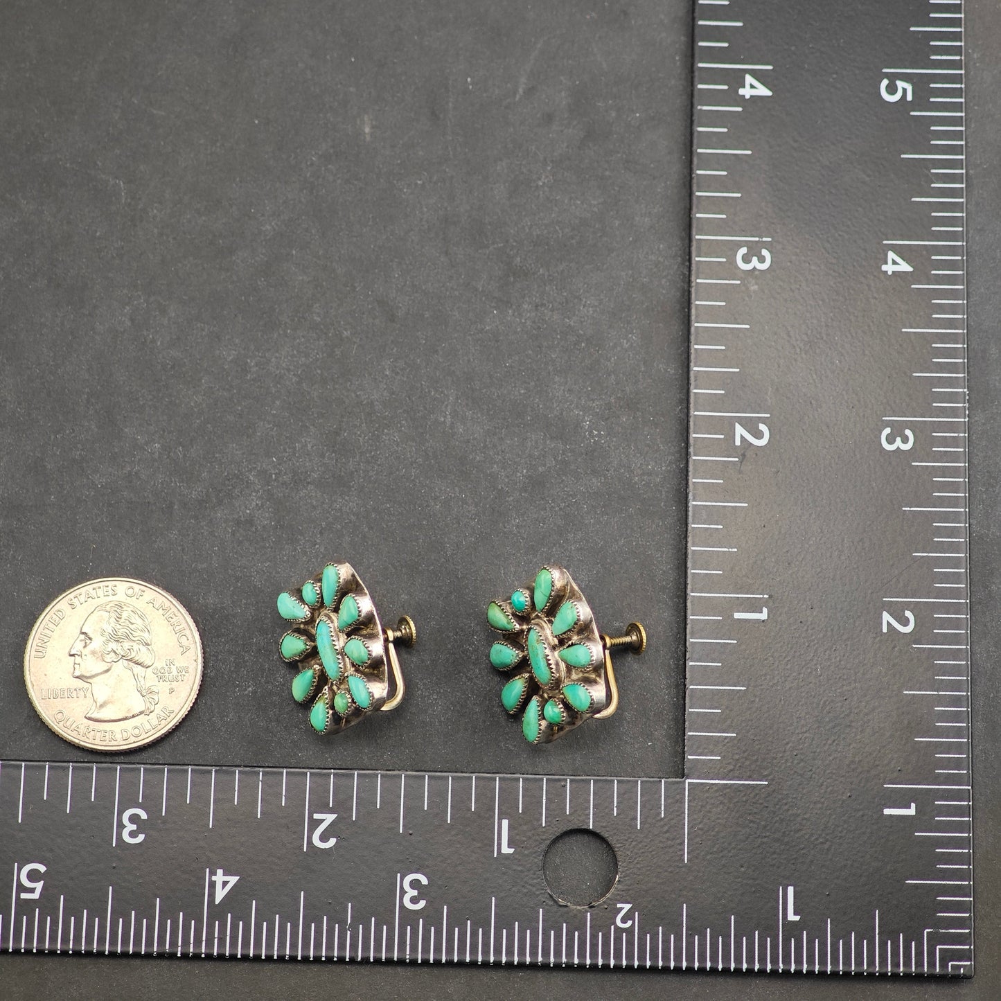 Vintage Native American Turquoise Cluster Copper Backings Sterling Silver Screw Back Earrings ER3054