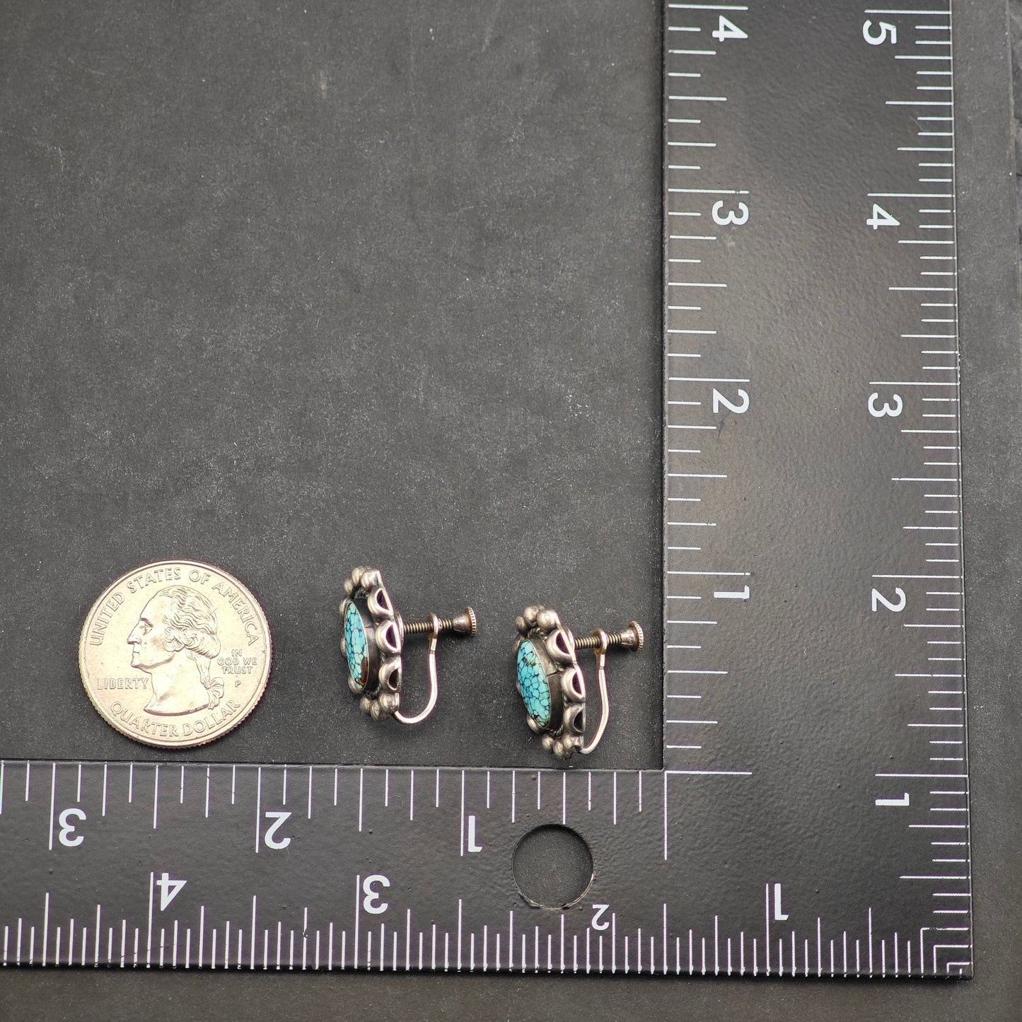 Vintage Native American High Grade Spiderweb Turquoise Sterling Silver Screw Back Earrings ER3055