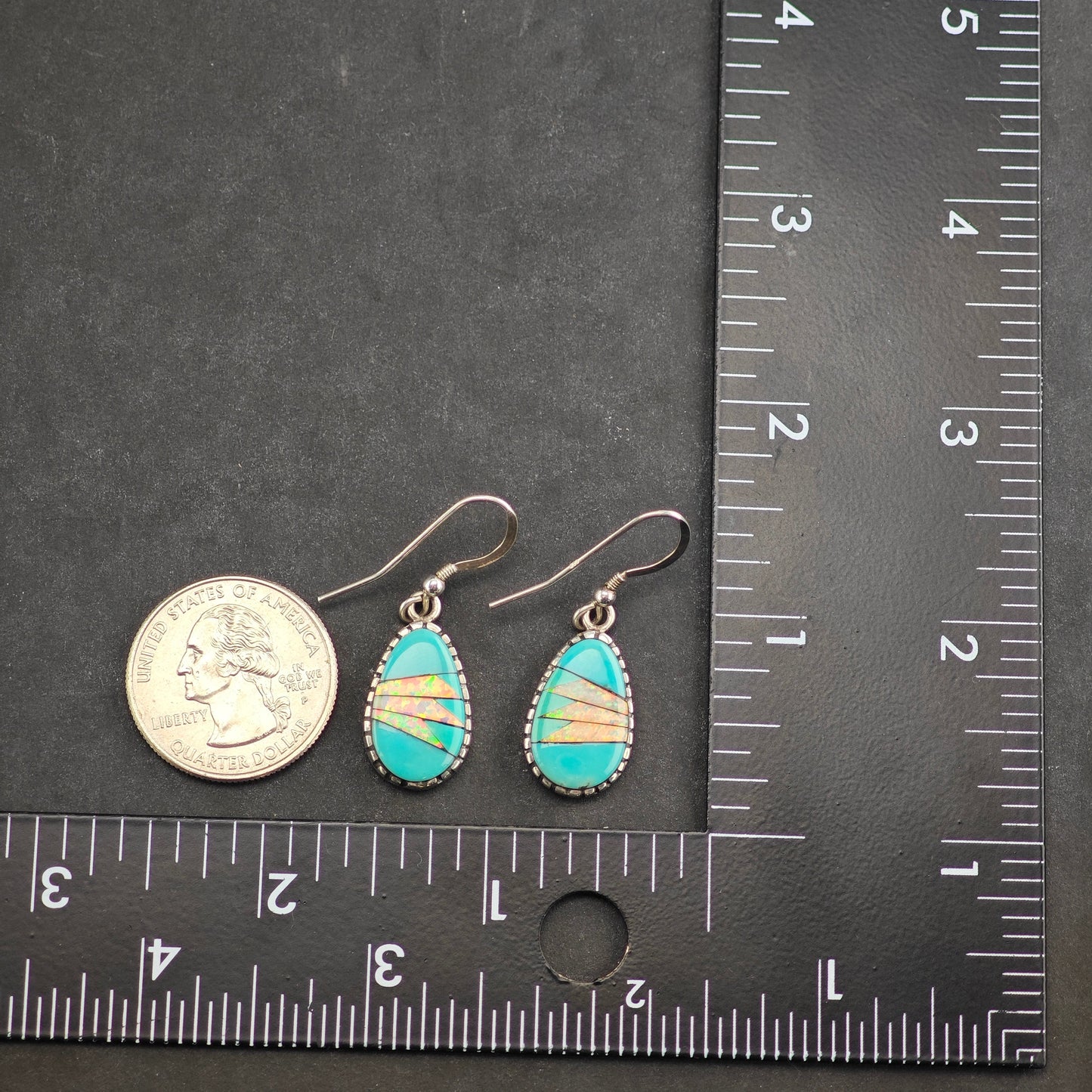 Vintage Sw Turquoise & Opal Inlay Sterling Silver Hook/Dangle Earrings ER3057