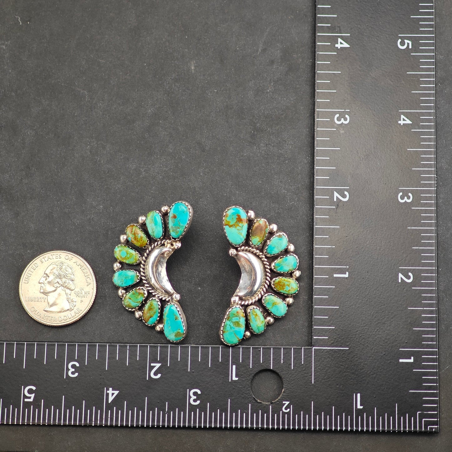Vintage SW Turquoise Crescent Cluster Sterling Silver Stud Earrings ER2995