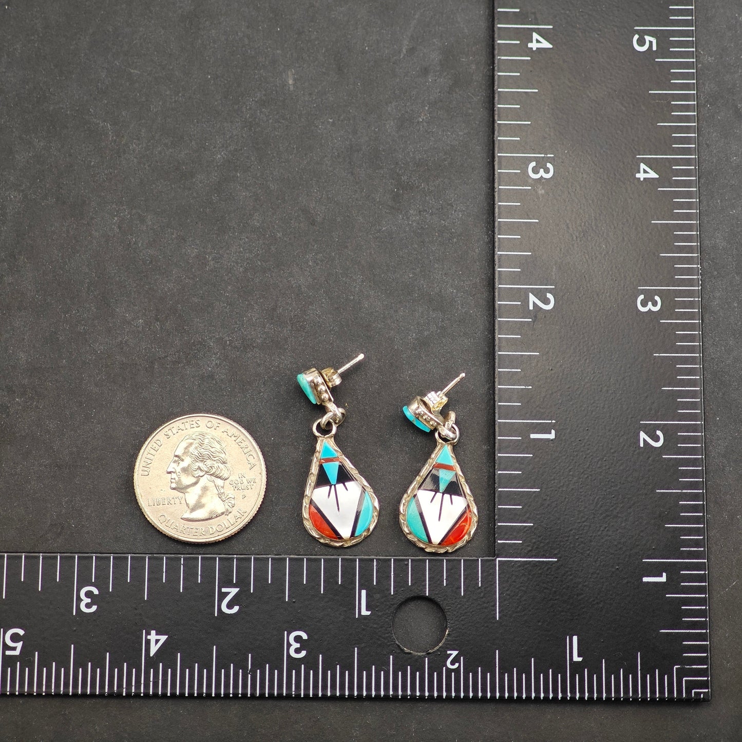 Vintage Native American Multi-Stone Inlay Teardrop Sterling Silver Stud/Dangle Earrings ER3008