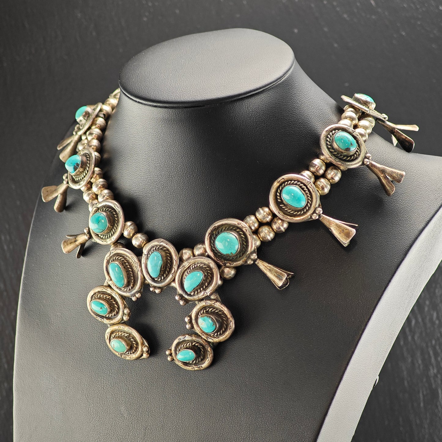 Vintage Native American Turquoise Sterling Silver Squash Blossom Necklace N2686