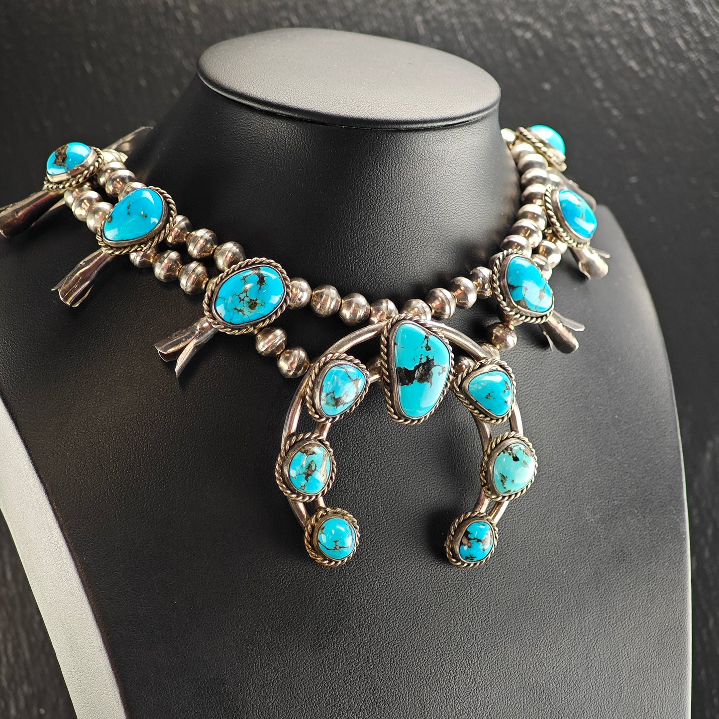 Vintage Southwest Blue Kingman Sterling Silver Turquoise Squash Blossom Necklace N2687