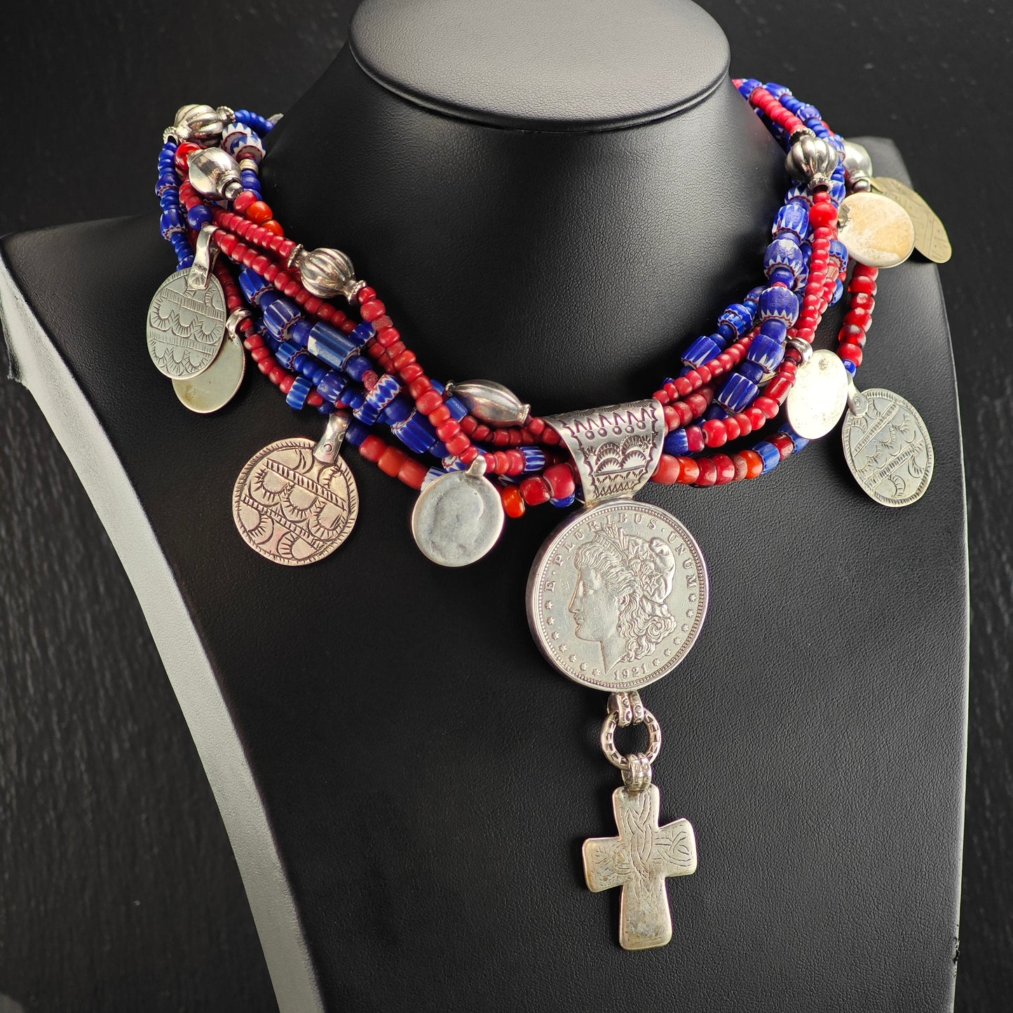 Vintage Native American Morgan Dollar Cross Sterling Silver Trader Beads Necklace N2688