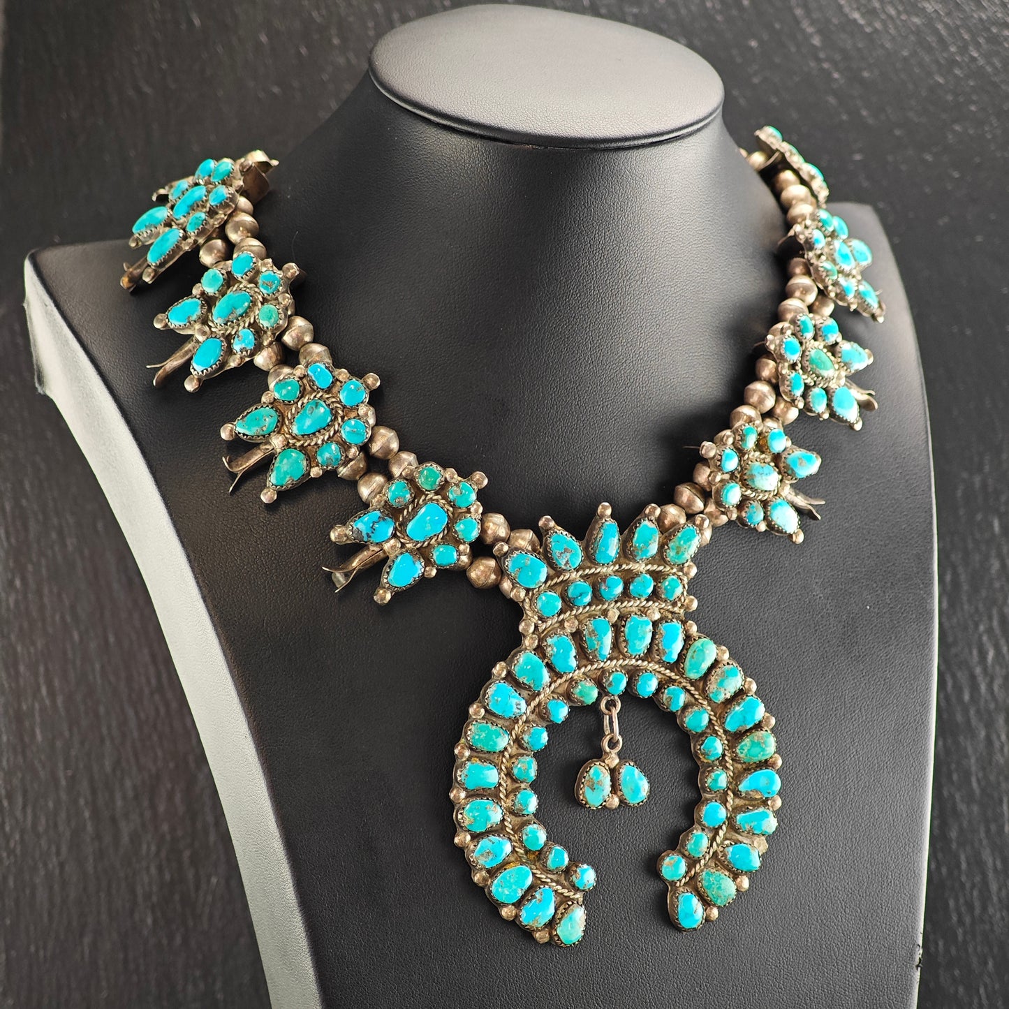 Vintage Zuni Turquoise Cluster Pendant Sterling Silver Squash Blossom Necklace N2693