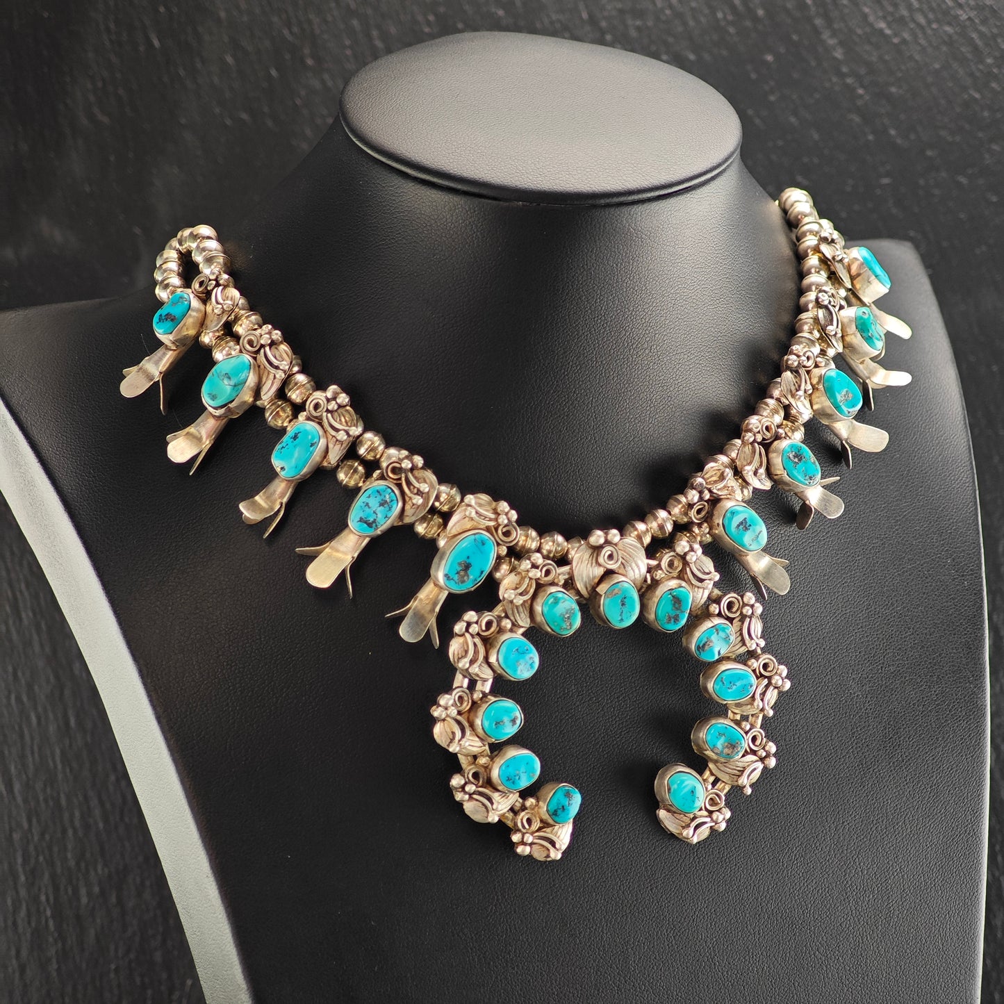 Vintage Native American Blue Sleeping Beauty Turquoise Sterling Silver Squash Blossom & Earring Set Necklace N2692