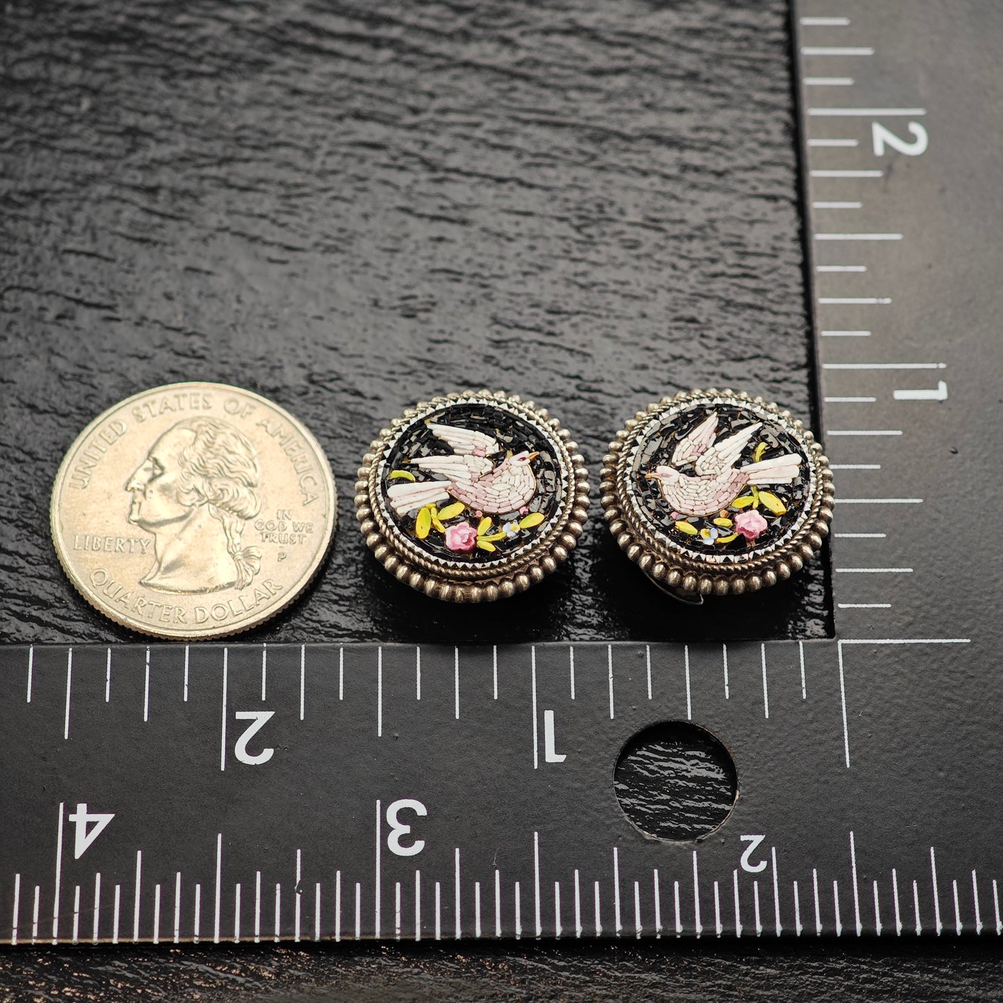 Antique Micro-Mosaic Dove Cufflinks or Buttons Sterling Silver MISC0348