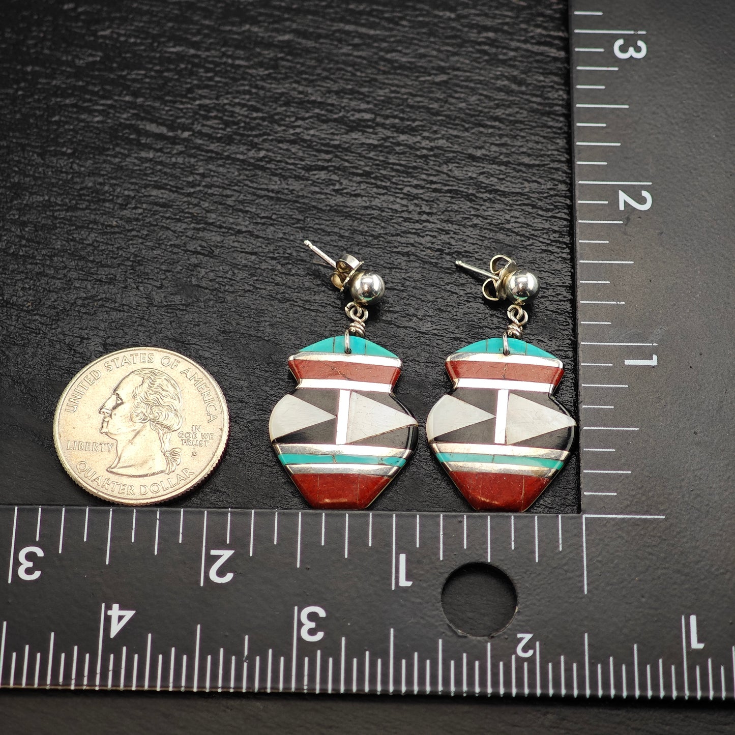 Vintage Zuni Native American Shell Inlay Sterling Silver Stud Dangle Earrings ER3070