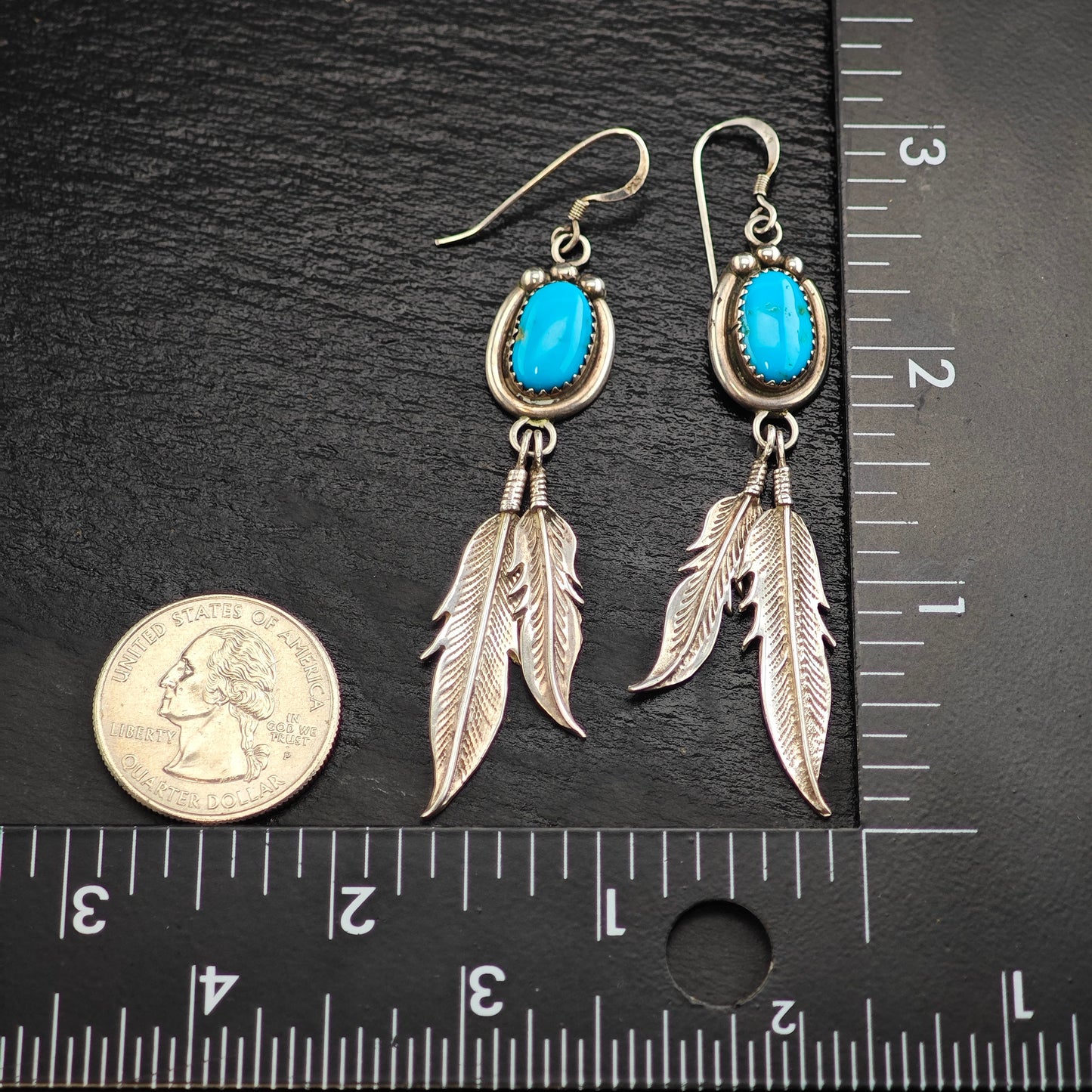 Vintage Native American Turquoise Feather Sterling Silver Hook Dangle Earrings ER3071