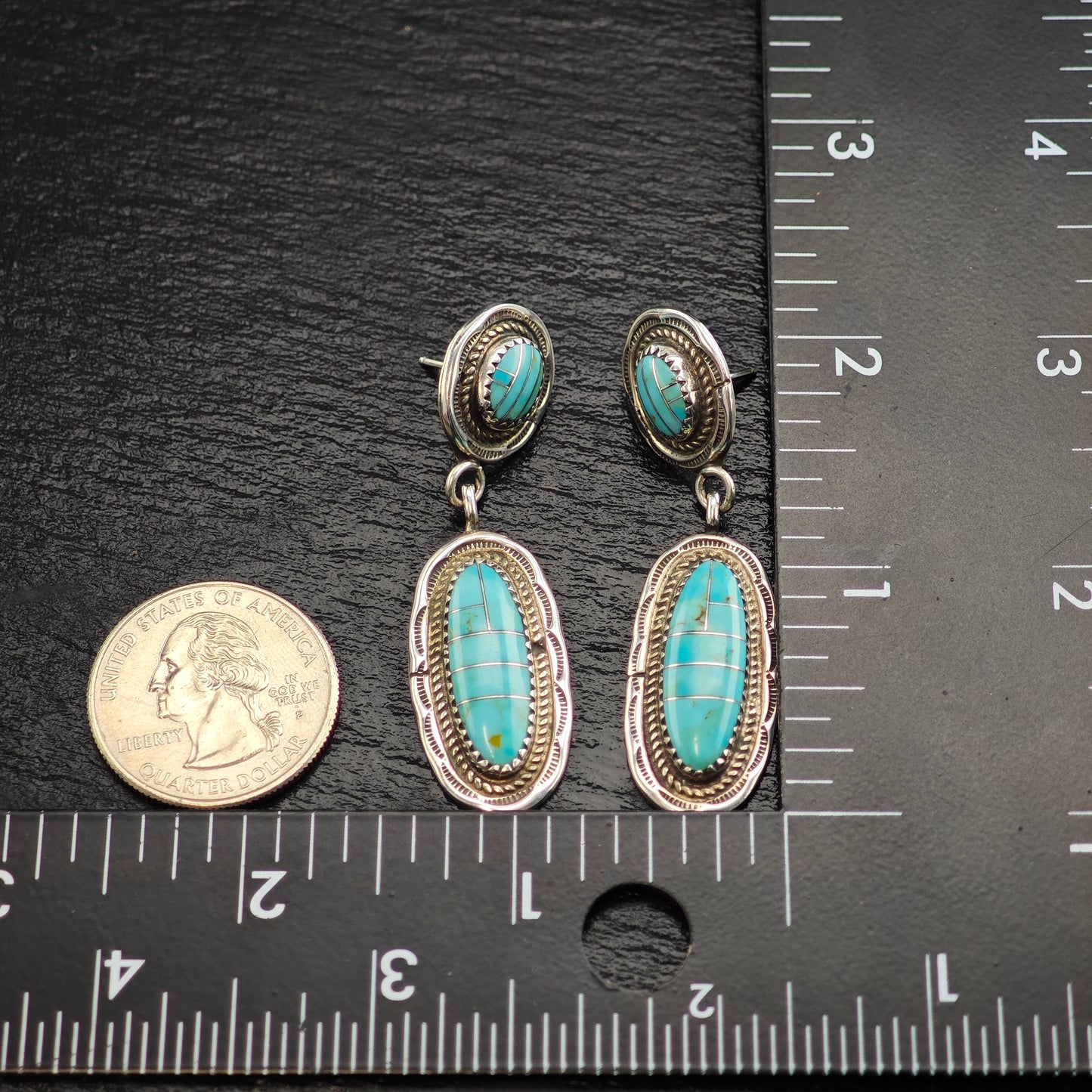 Vintage Native American Turquoise Inlay Sterling Silver Stud Dangle Earrings ER3073