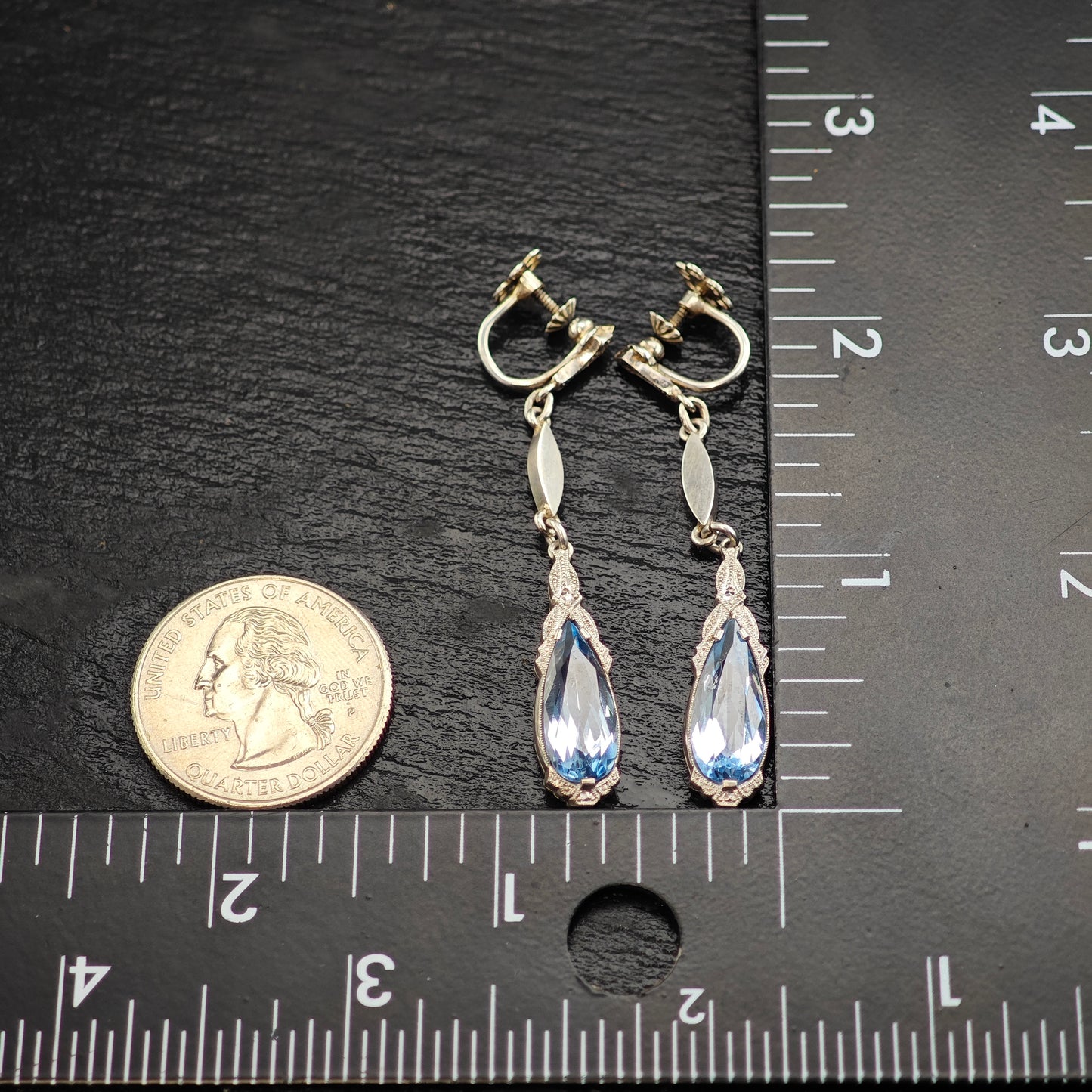 Art Deco 800 Silver Synthetic Spinel Sterling Silver Screw Back Dangle Earrings ER3074