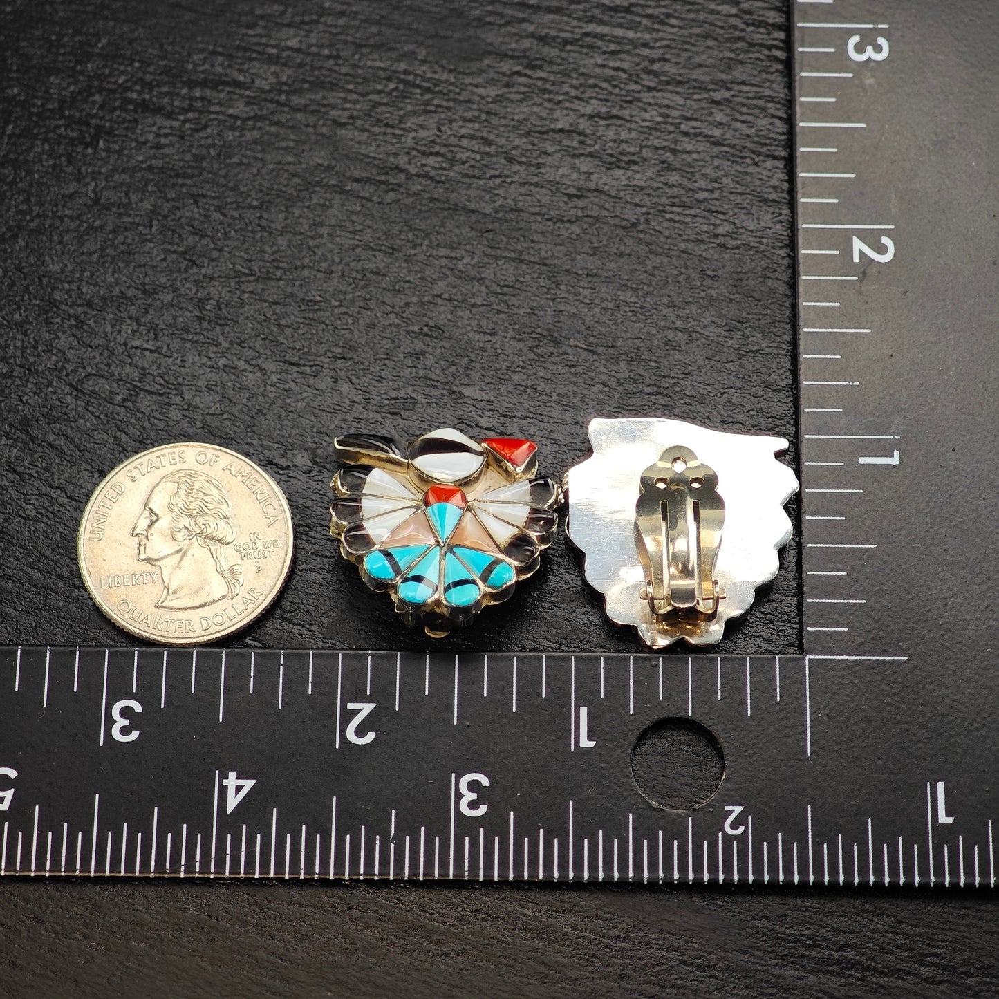 Vintage Zuni Thunderbird Inlay Sterling Silver Clip On Earrings ER3079