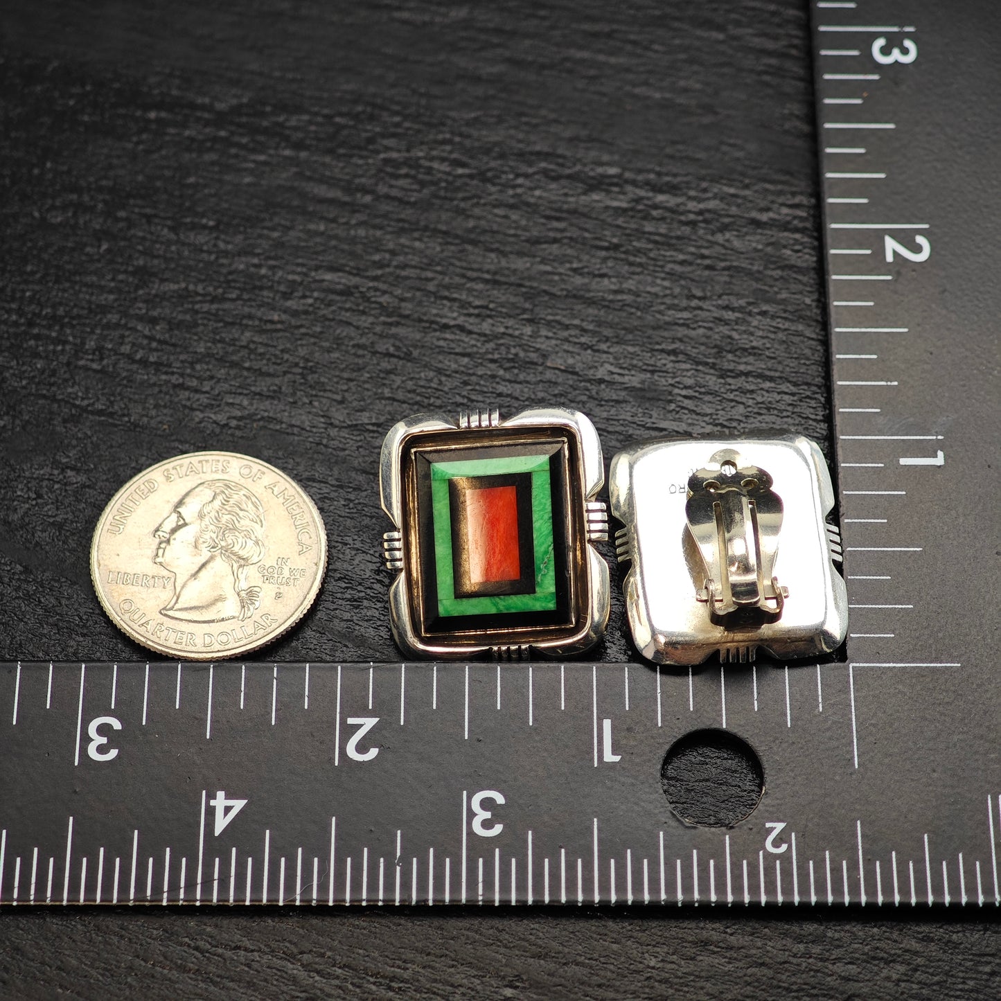 Vintage Native American Intarsia, Inlay, Sterling Silver Clip On Earrings ER3085