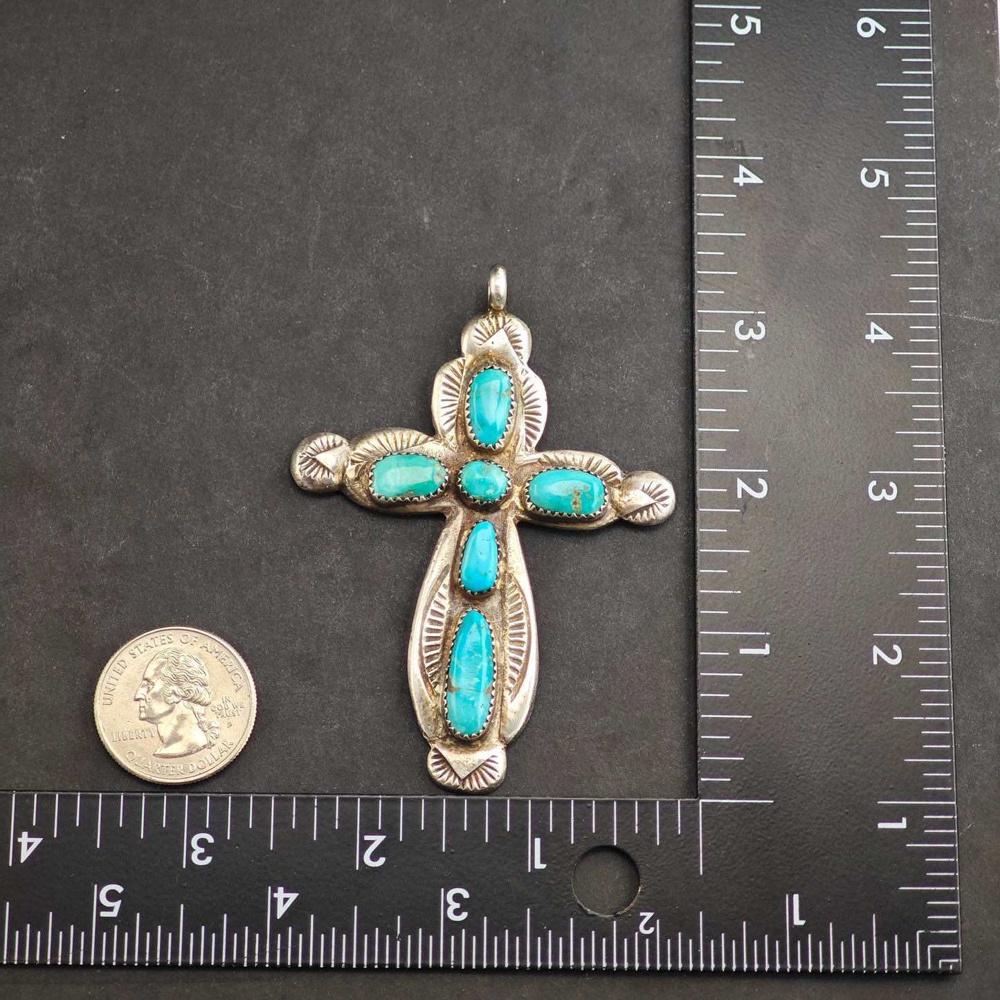 Zuni Turquoise Cross Sterling Silver Pendant Horace Iule P3001