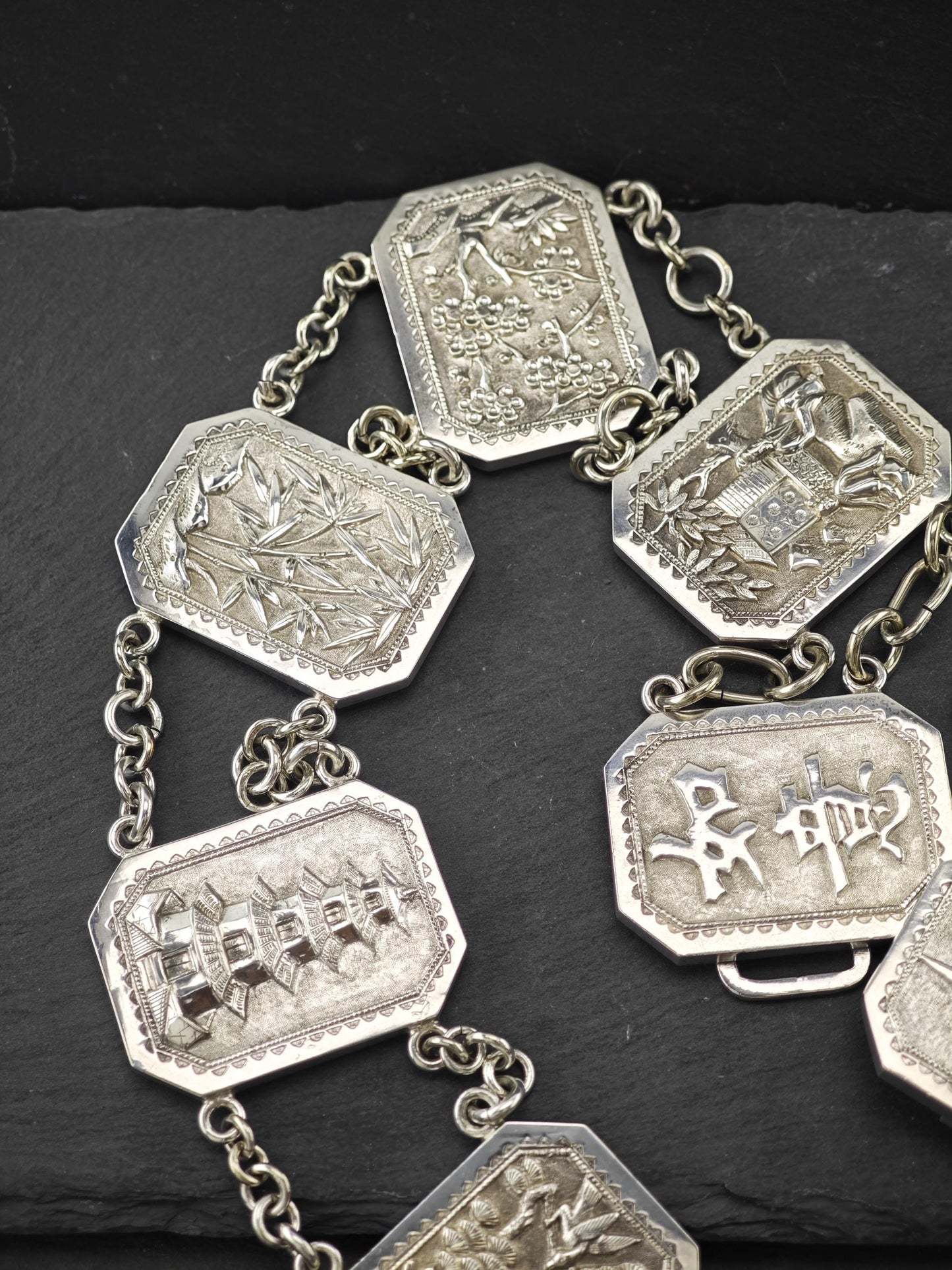 Antique Chinese Export Repousse Sterling Silver Belt Marked Hung Chong